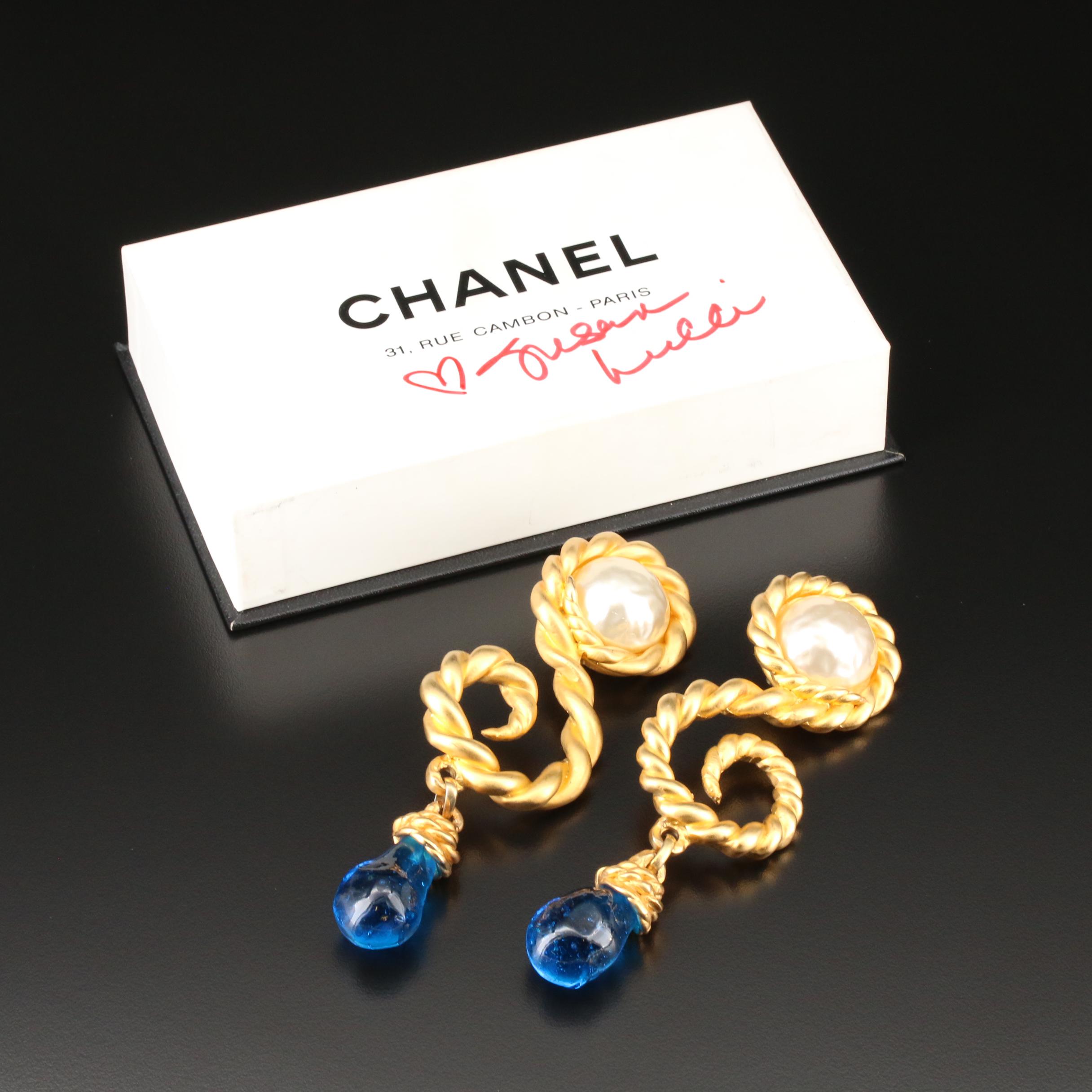 Vintage Chanel Blue Gripoix Glass Drop Earrings with Susan Lucci Signed Box