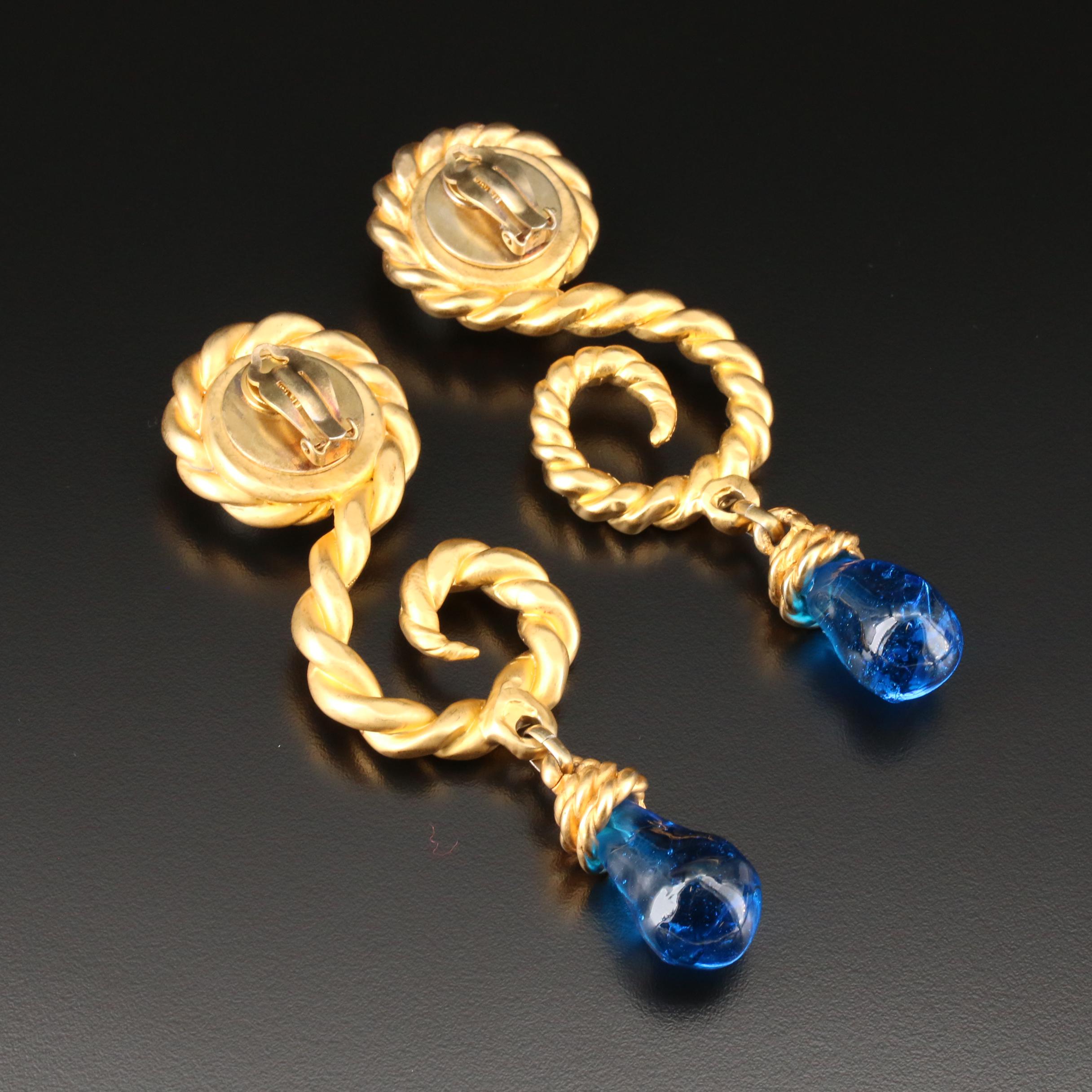 Vintage Chanel Blue Gripoix Glass Drop Earrings with Susan Lucci Signed Box
