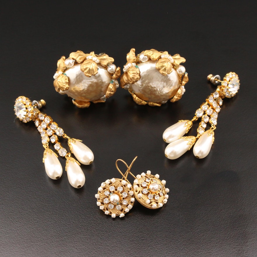 Button, Drop and Chandelier Earrings with Miriam Haskell and Imitation Pearl