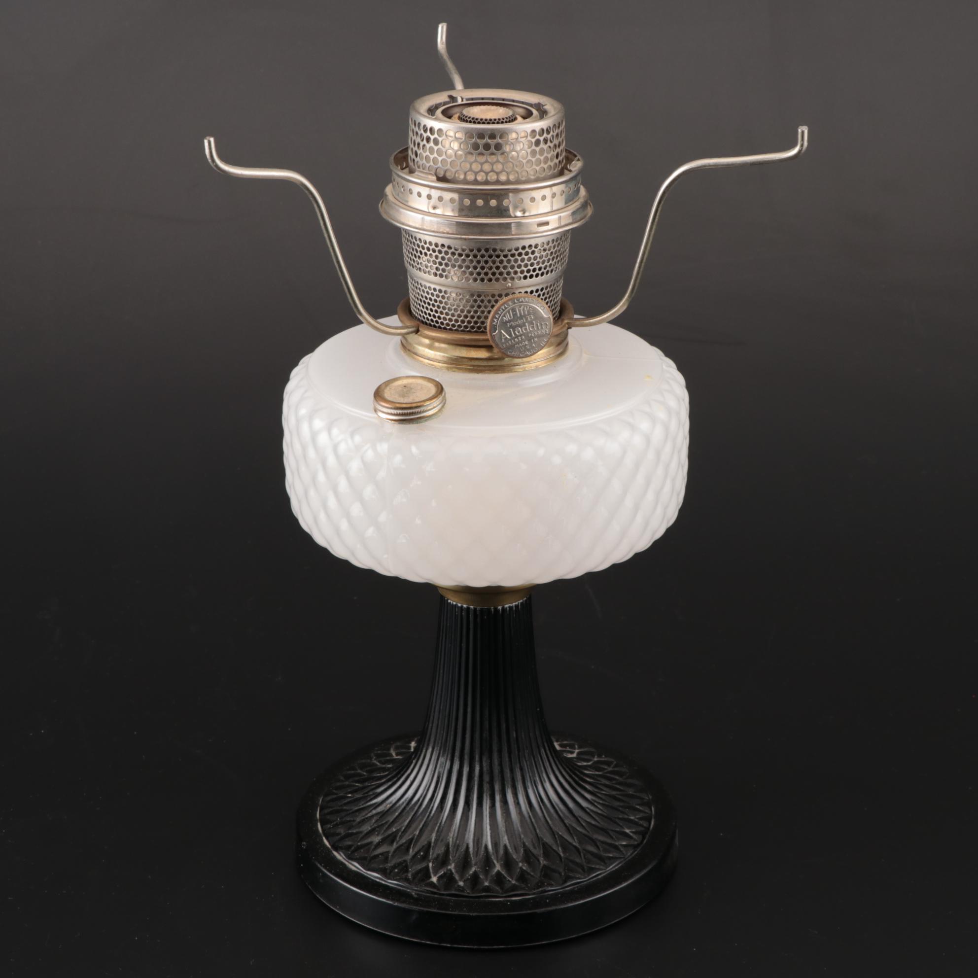 Aladdin 75th Anniversary Model B Diamond Quilt Moonstone and Black Glass Lamp