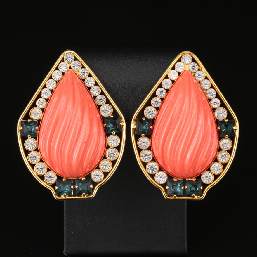 Vintage Clip-On Earrings with Valentino Pouch and Faceted Glass