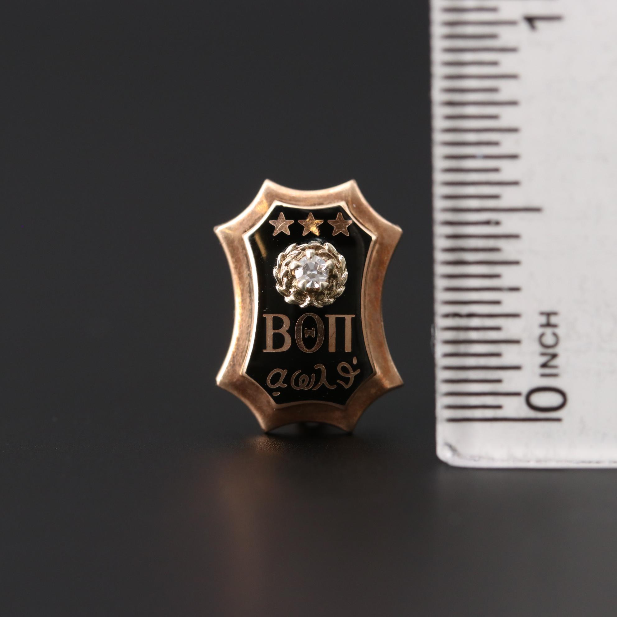 Vintage 10K Yellow Gold Diamond and Enamel Fraternity Pin