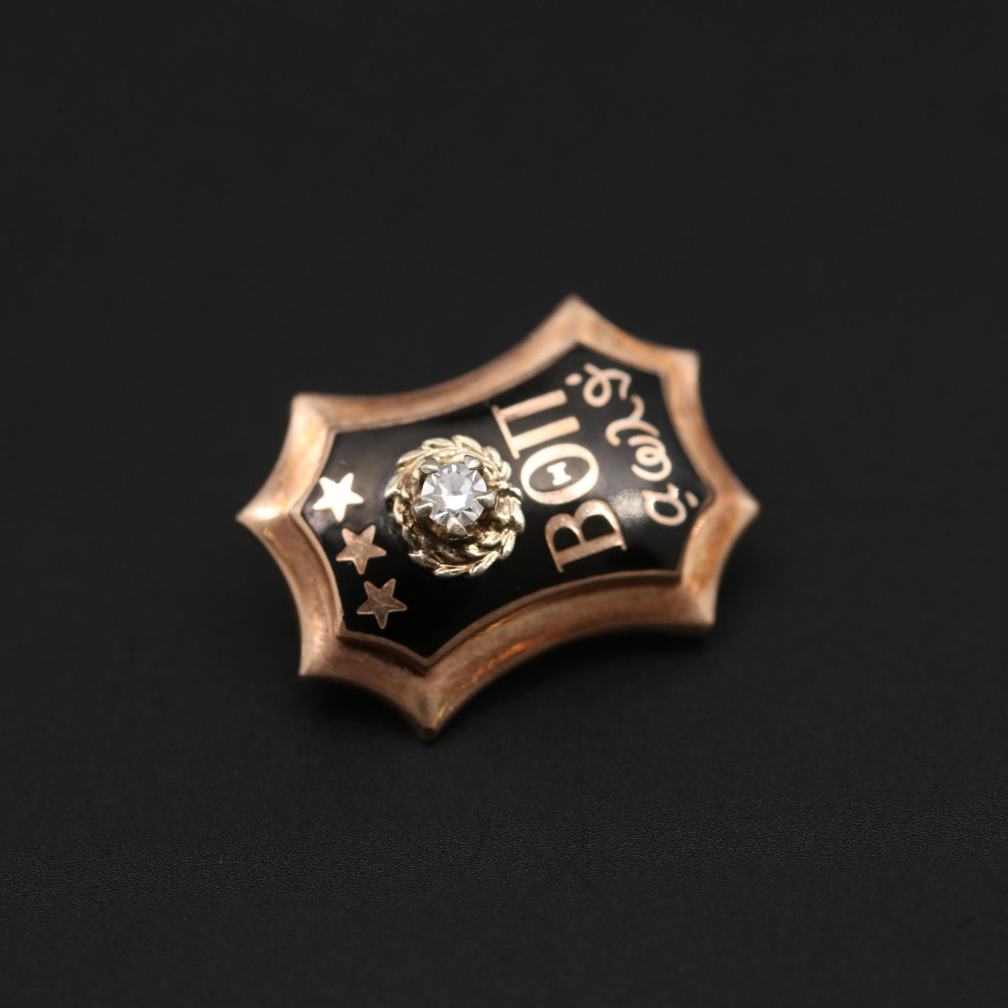 Vintage 10K Yellow Gold Diamond and Enamel Fraternity Pin