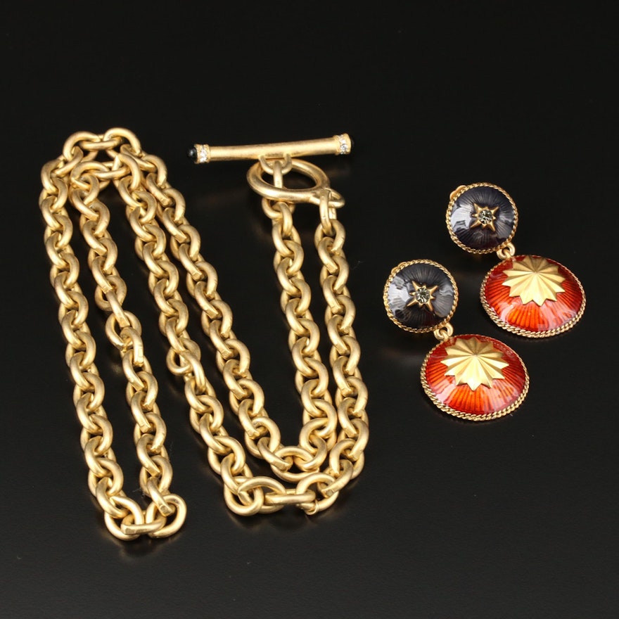 Glass Crystal and Enamel Dangle Earrings with Toggle Necklace