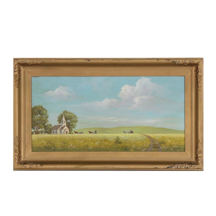 Jean Spiry Folk Style Oil Painting of Horse Drawn Carriages Approaching Church