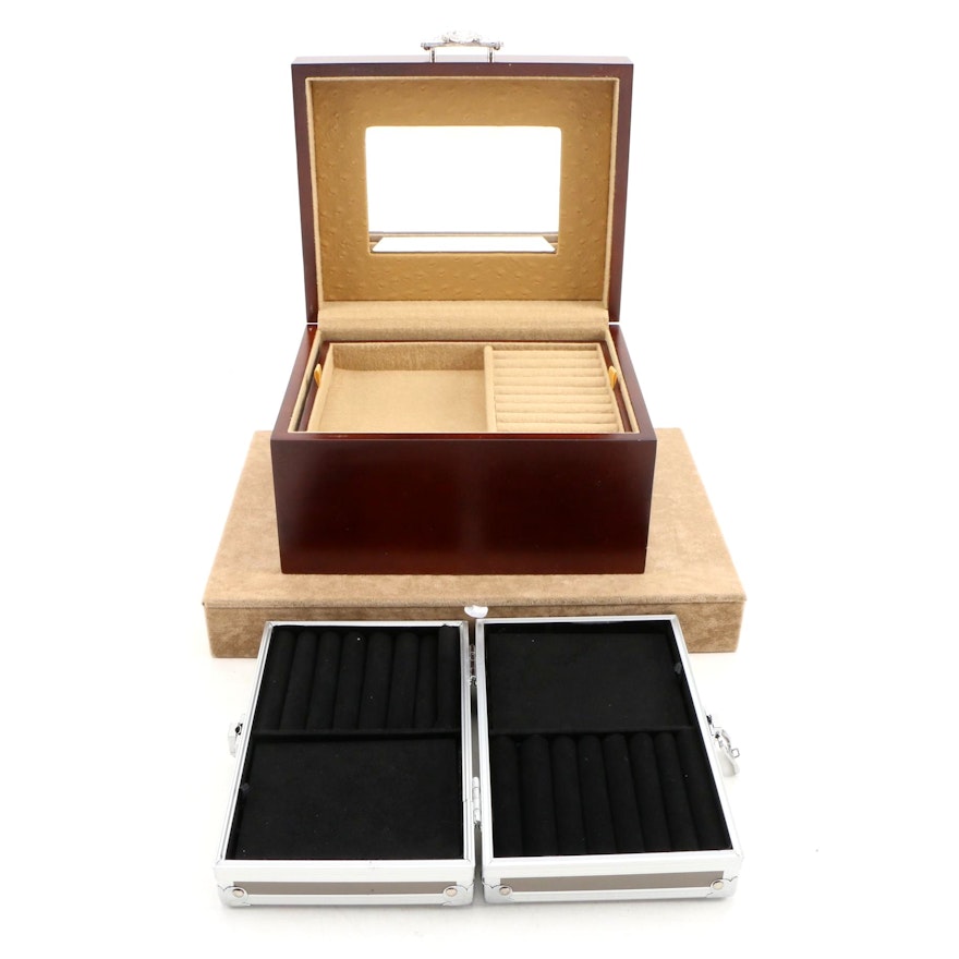 Wooden and Faux Leather Jewelry Box with Faux Suede Document Box and Case