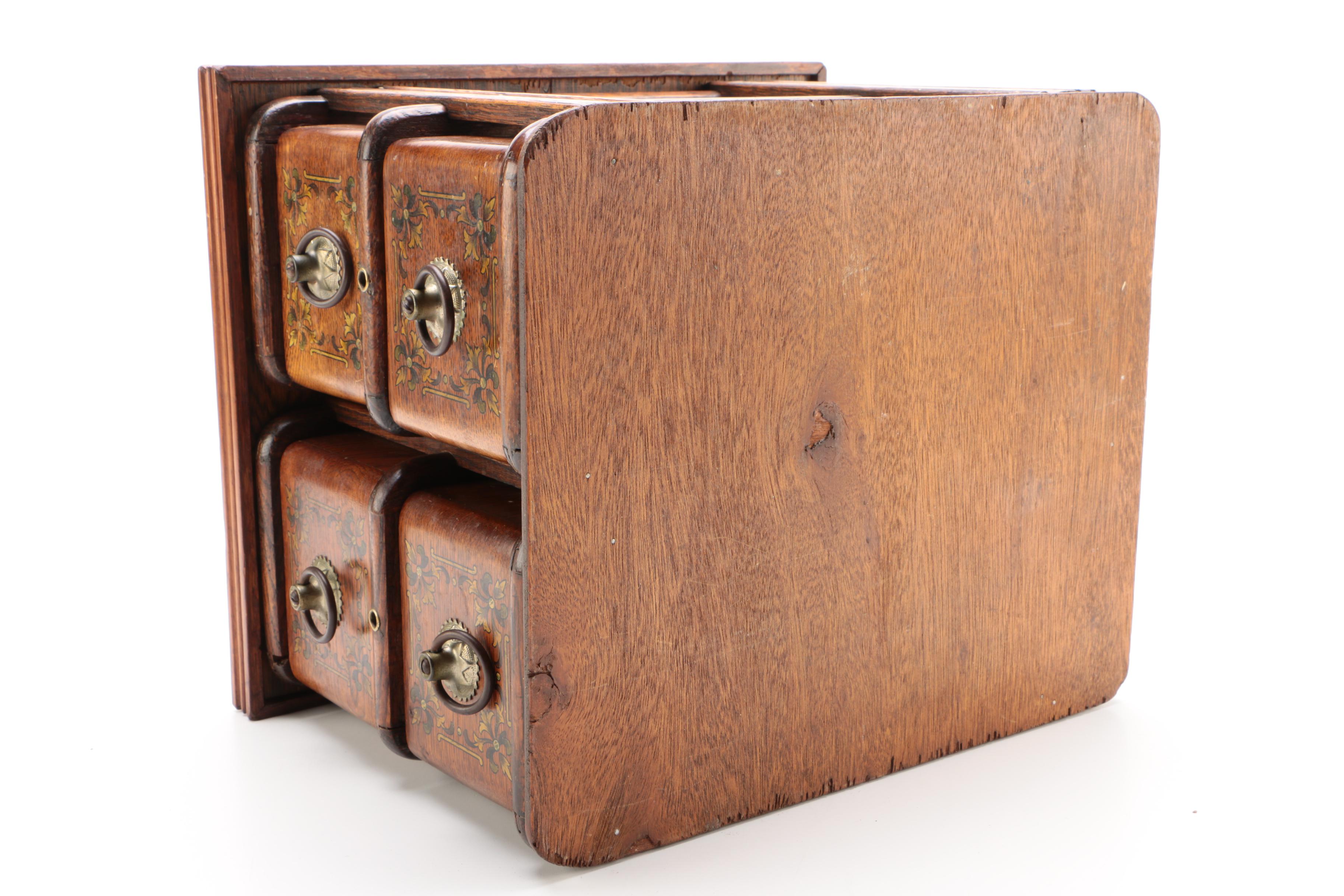 Four Drawer Oak Library or Sewing Table Cabinet, Early 1900s