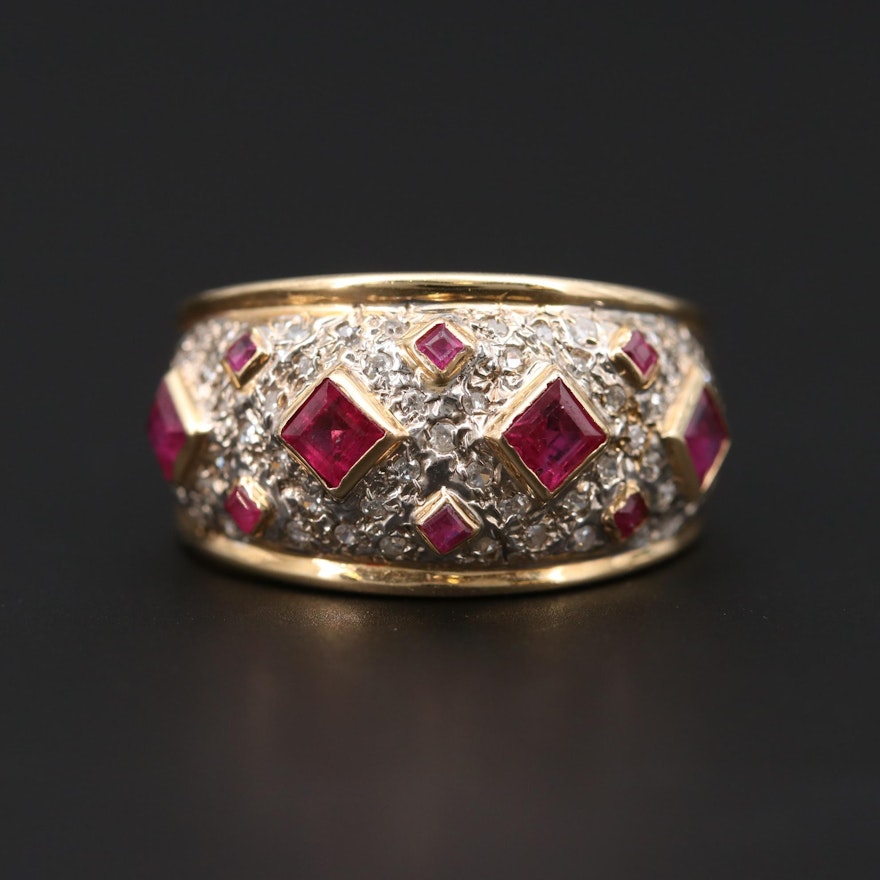 14K Yellow Gold Ruby and Diamond Tapered Dome Band