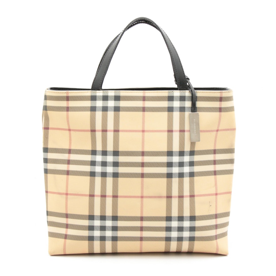 Burberry "House Check" Coated Canvas and Black Leather Medium Tote Bag