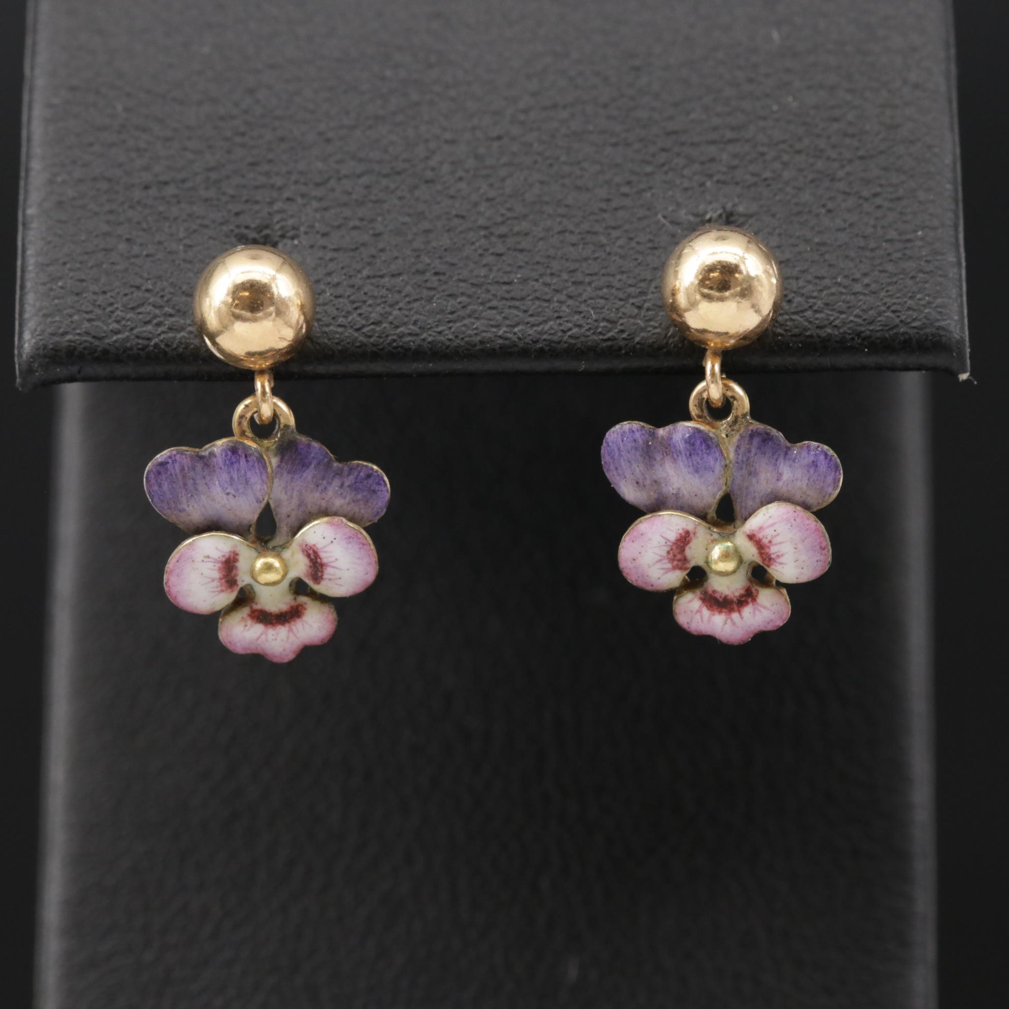 Vintage 14K Yellow Gold Enamel Pansy Dangle Earrings