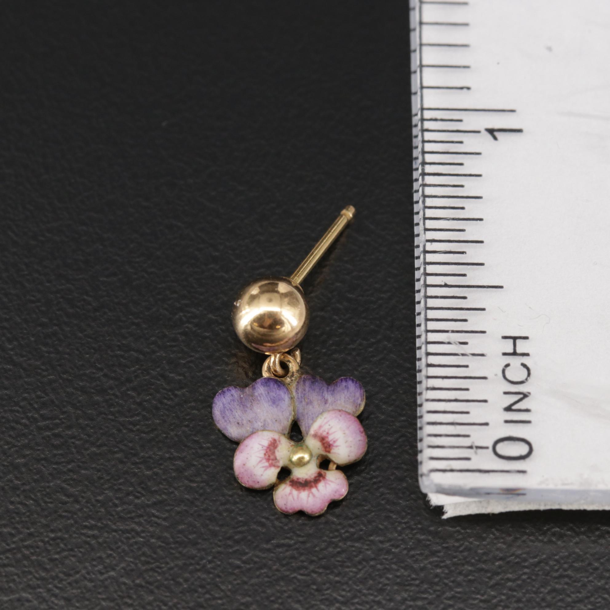 Vintage 14K Yellow Gold Enamel Pansy Dangle Earrings