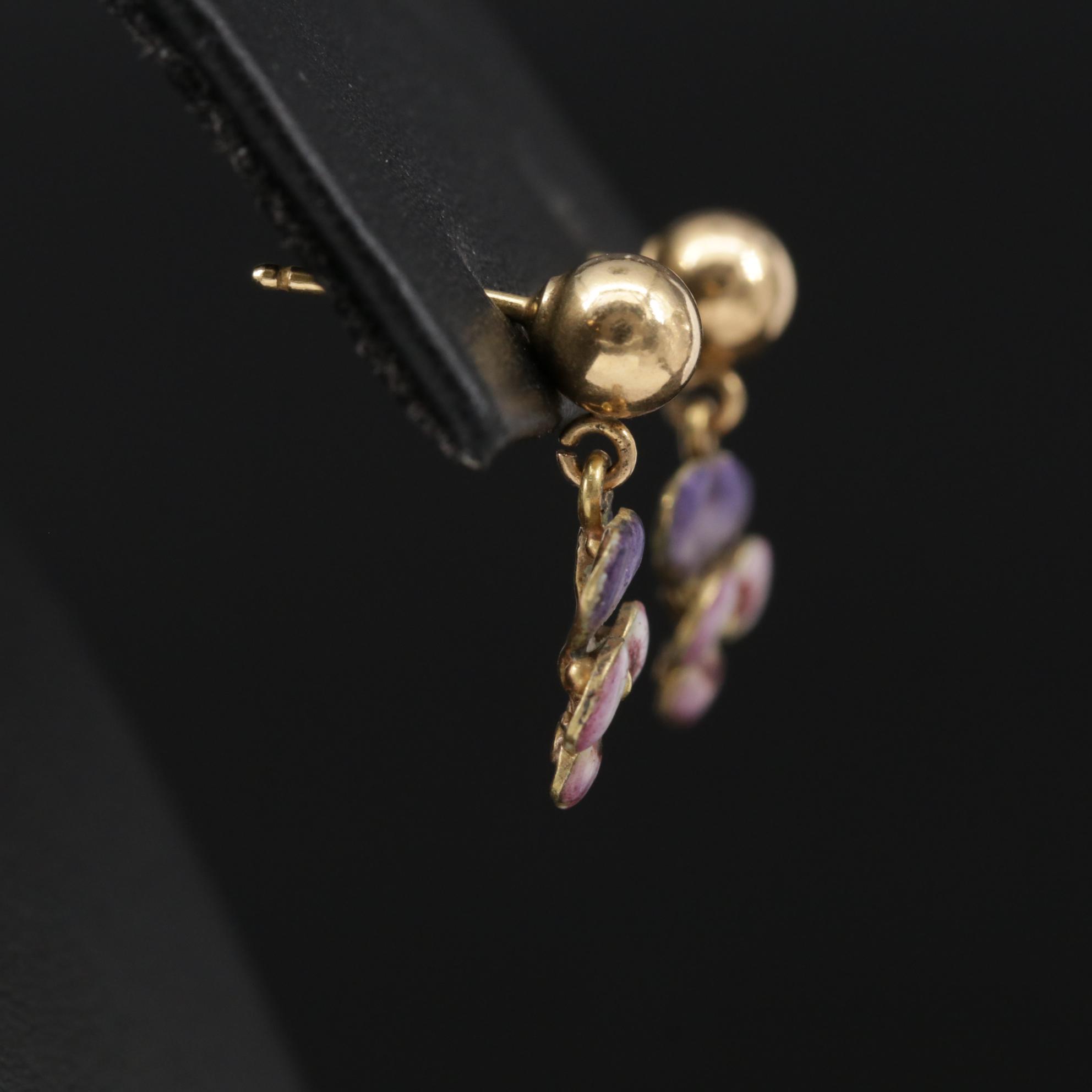 Vintage 14K Yellow Gold Enamel Pansy Dangle Earrings