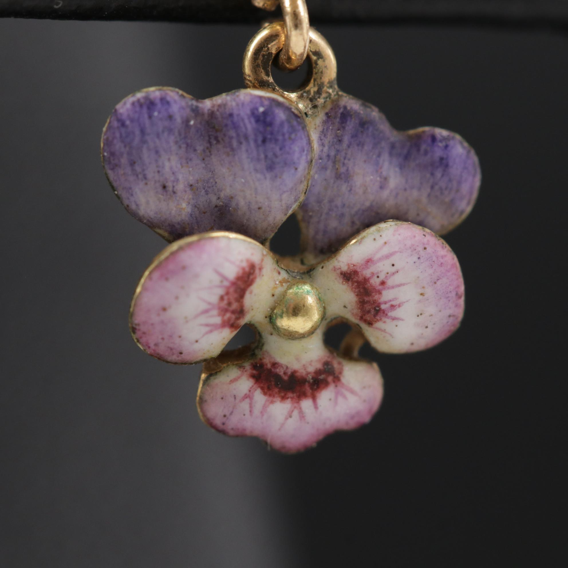 Vintage 14K Yellow Gold Enamel Pansy Dangle Earrings