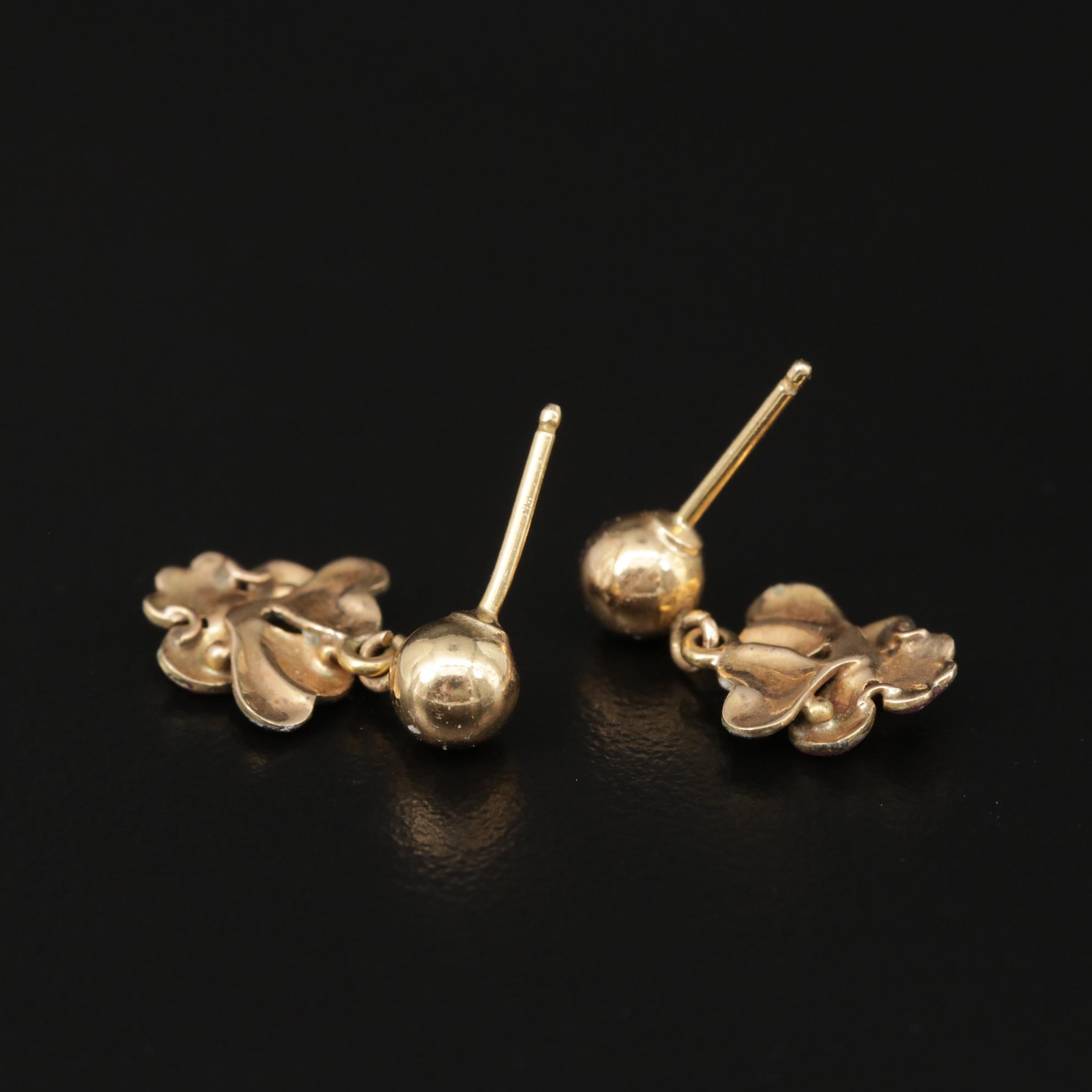 Vintage 14K Yellow Gold Enamel Pansy Dangle Earrings