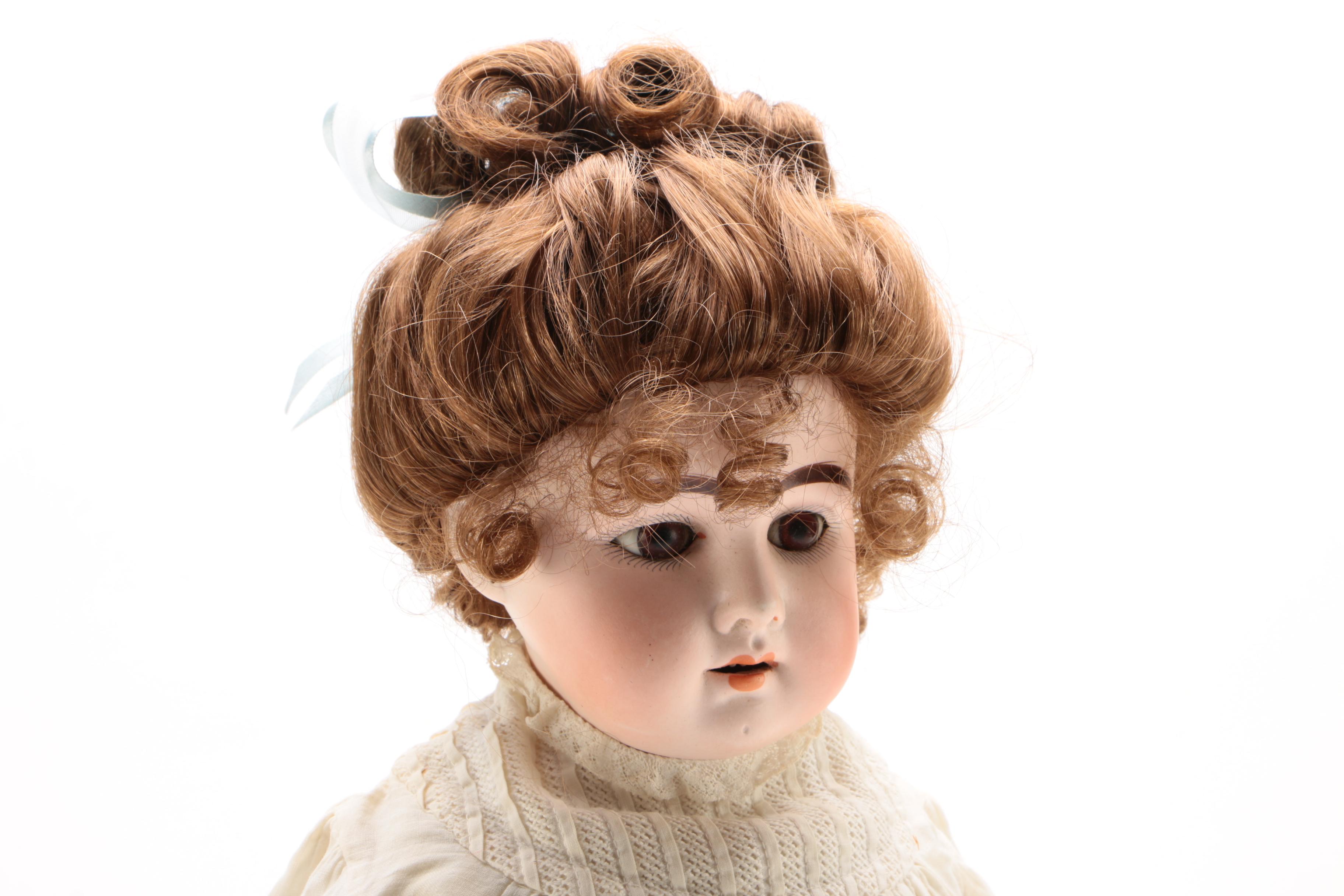 21" JDK Kestner  Bisque Shoulder Head Doll With Kid Leather Body, Antique