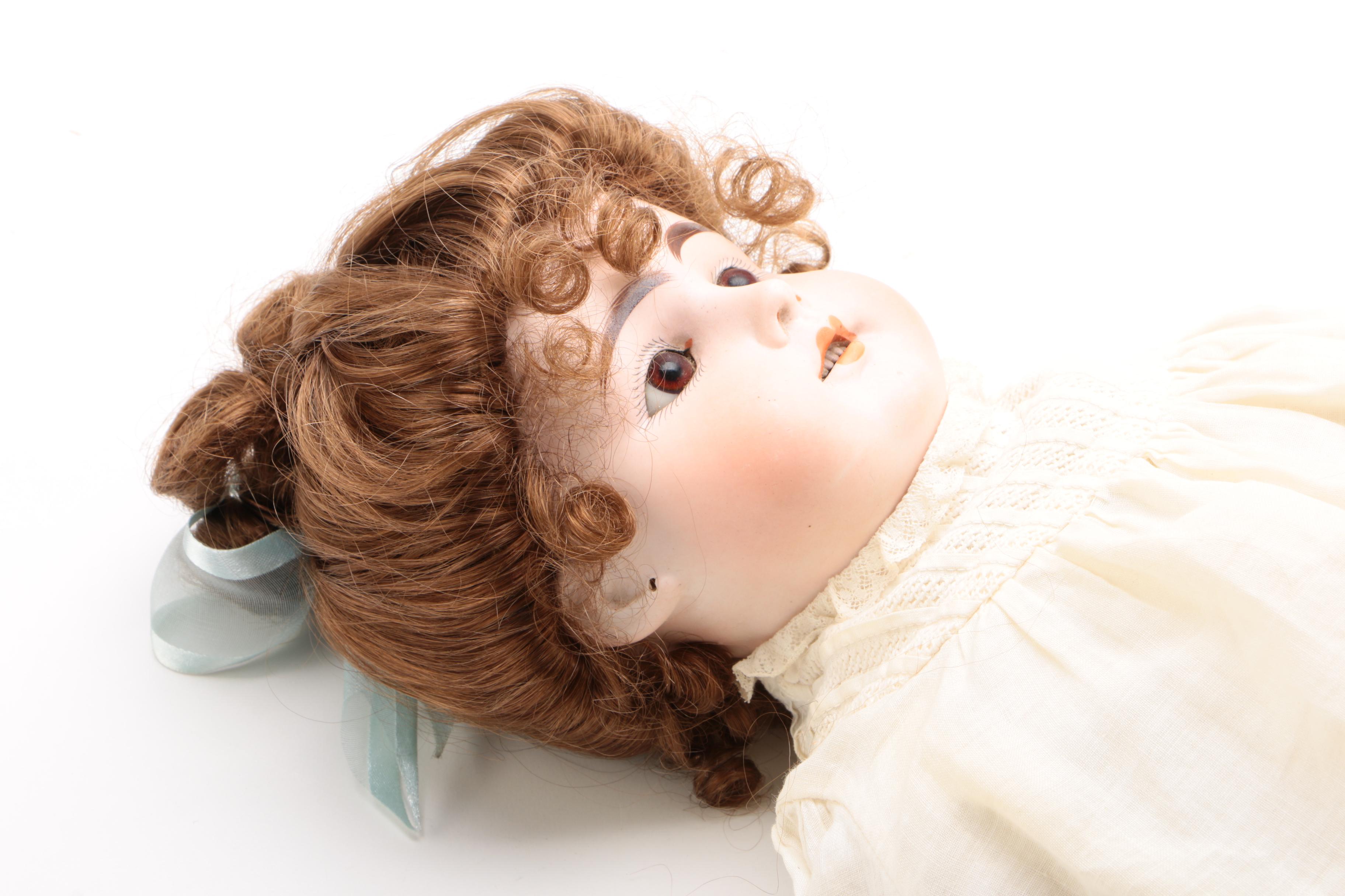 21" JDK Kestner  Bisque Shoulder Head Doll With Kid Leather Body, Antique