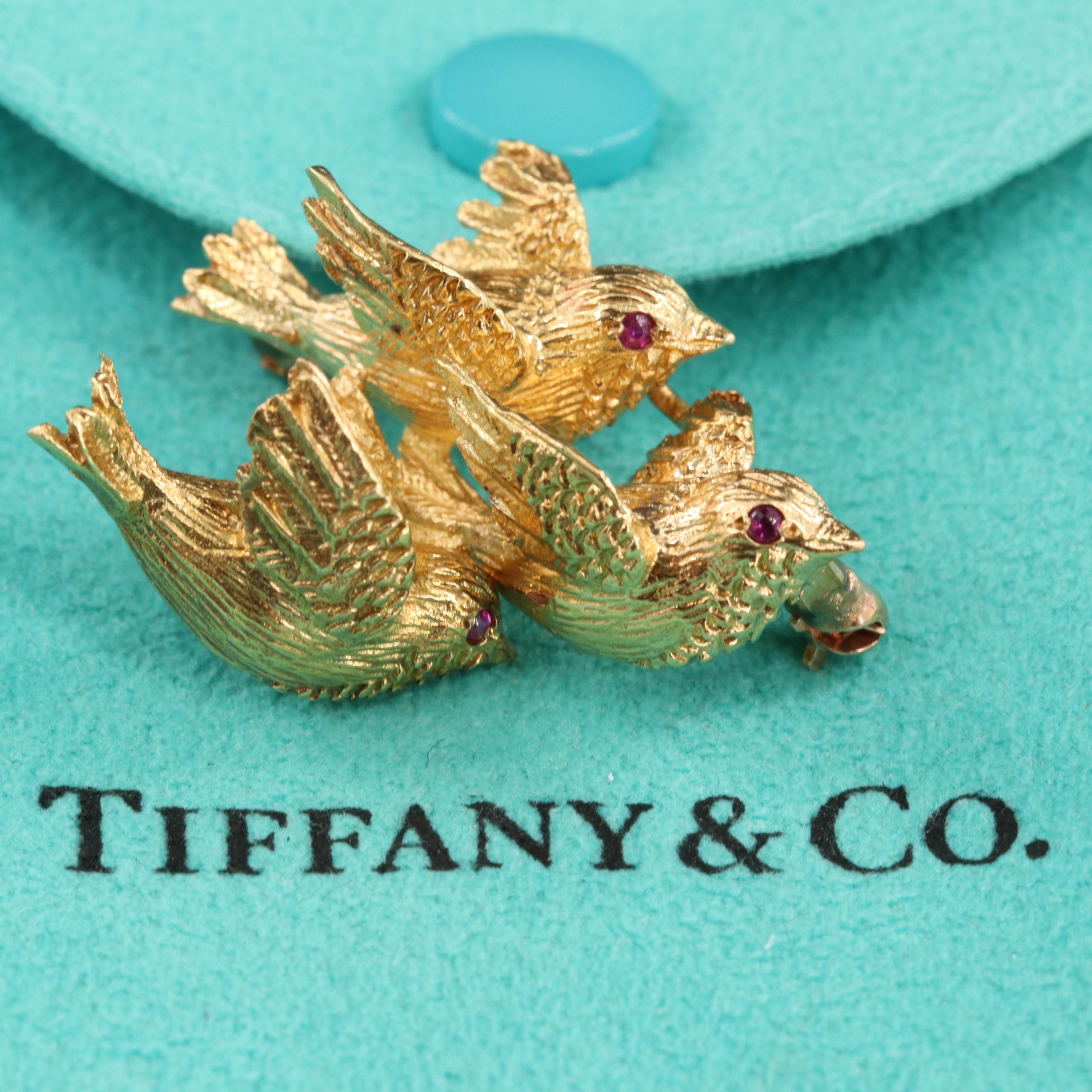 Vintage Tiffany & Co. 18K Yellow Gold and Ruby Brooch with Bird Motif