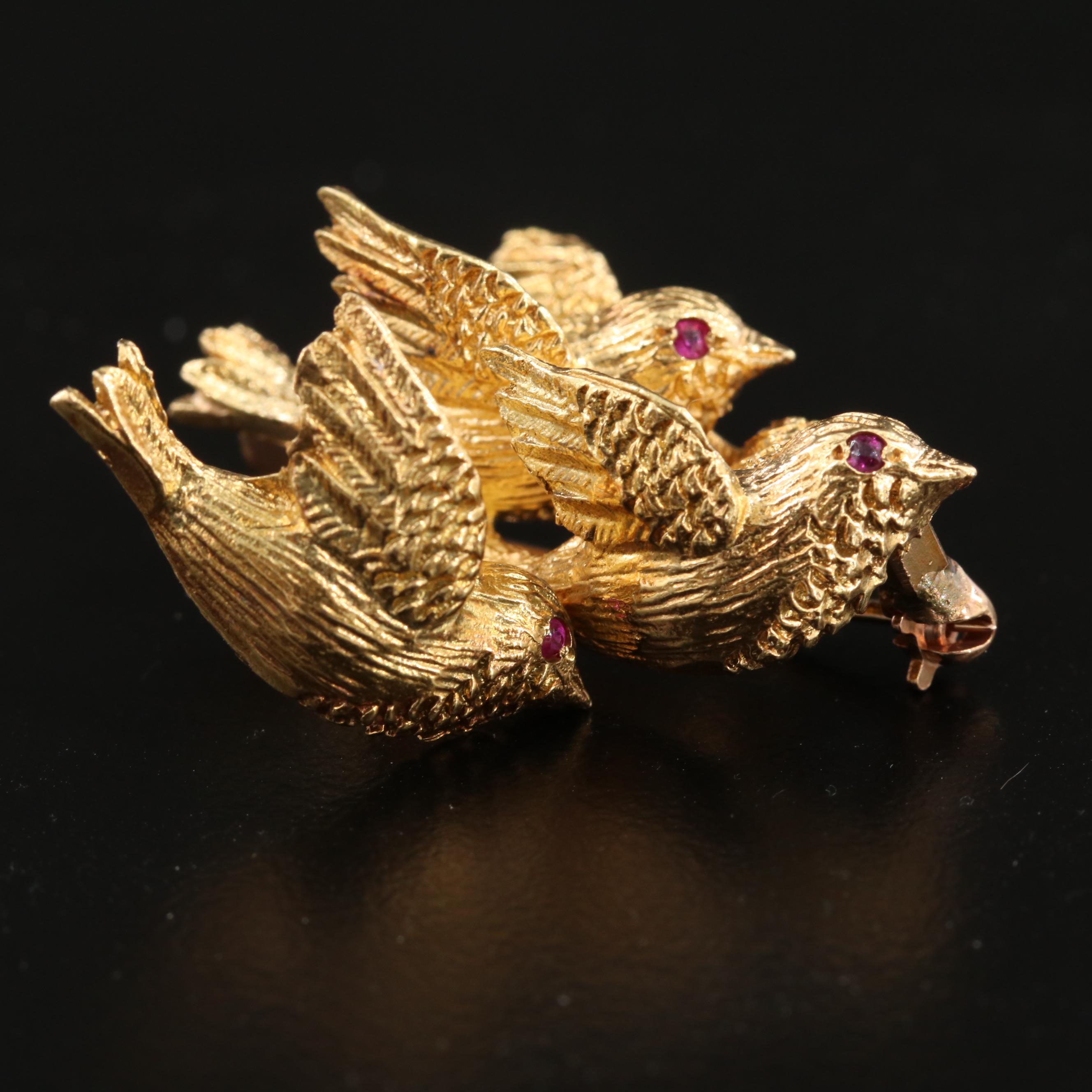 Vintage Tiffany & Co. 18K Yellow Gold and Ruby Brooch with Bird Motif