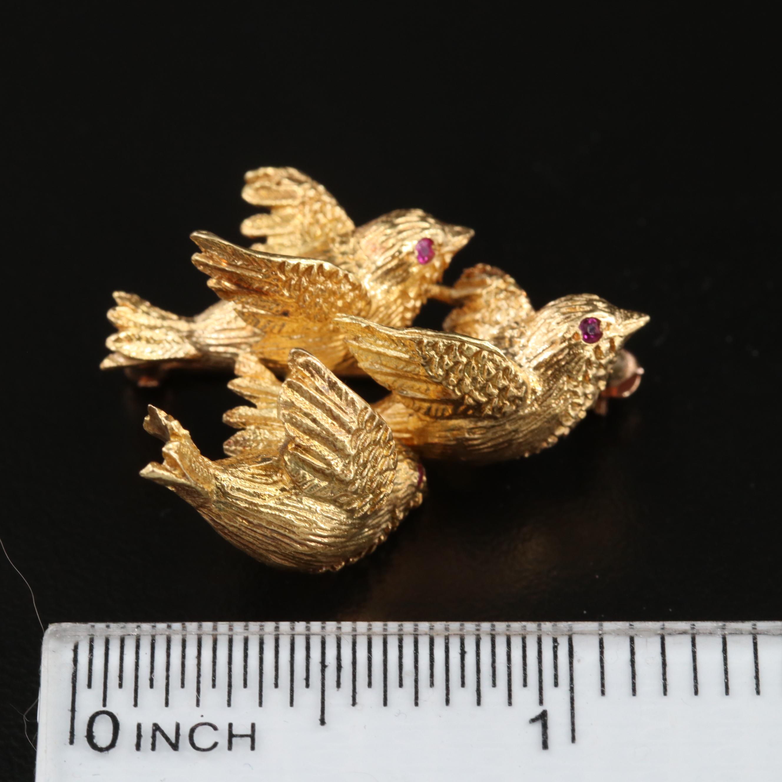 Vintage Tiffany & Co. 18K Yellow Gold and Ruby Brooch with Bird Motif