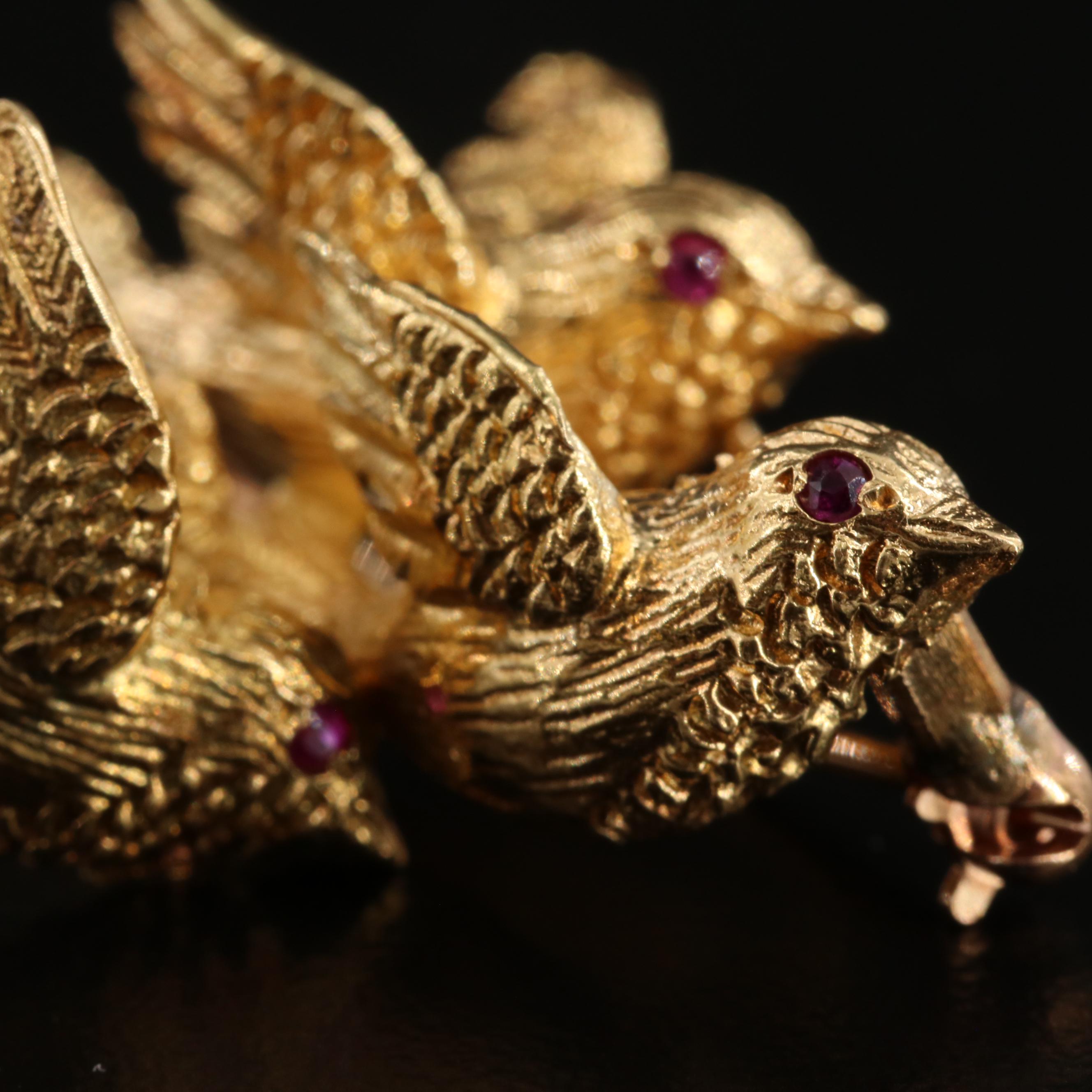 Vintage Tiffany & Co. 18K Yellow Gold and Ruby Brooch with Bird Motif