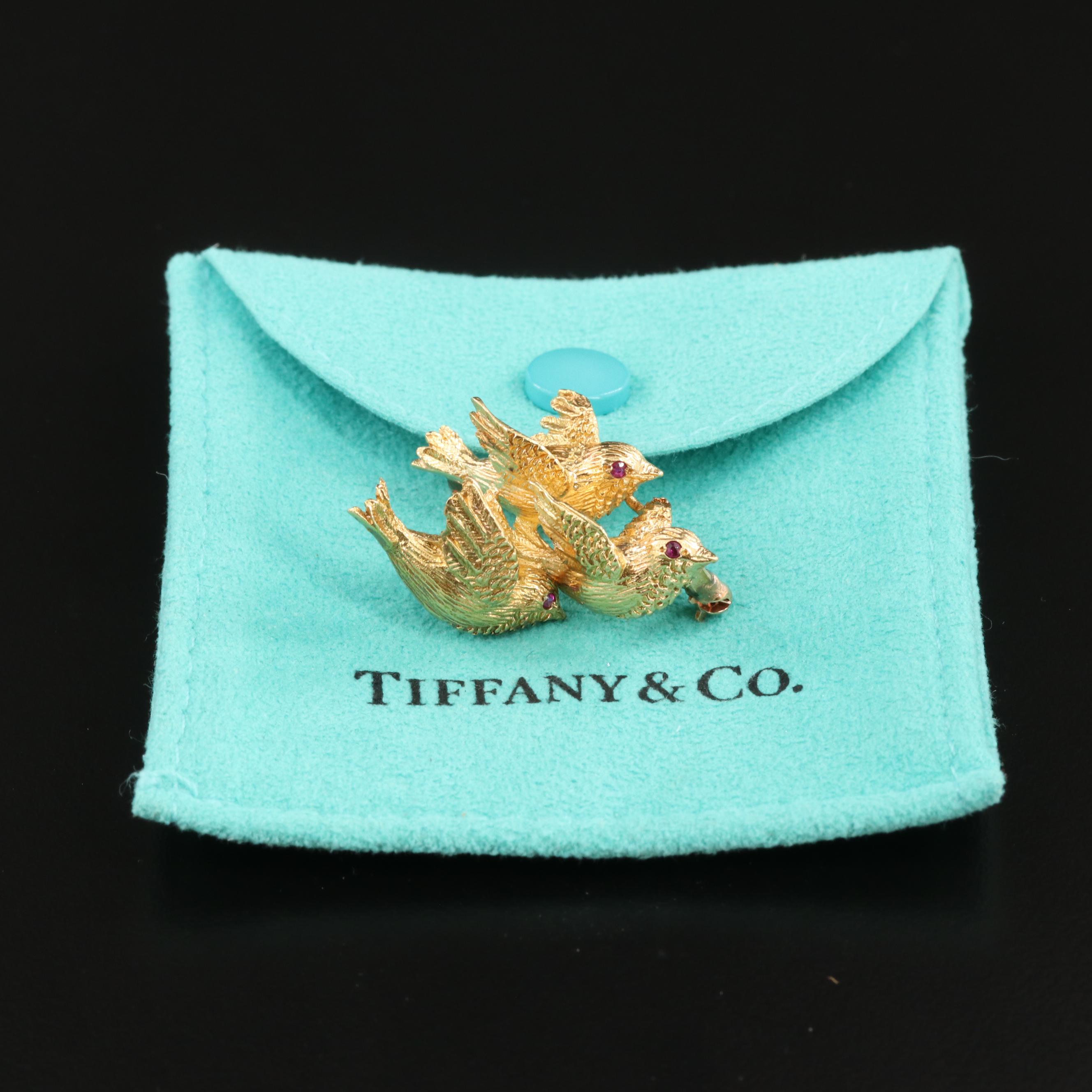 Vintage Tiffany & Co. 18K Yellow Gold and Ruby Brooch with Bird Motif