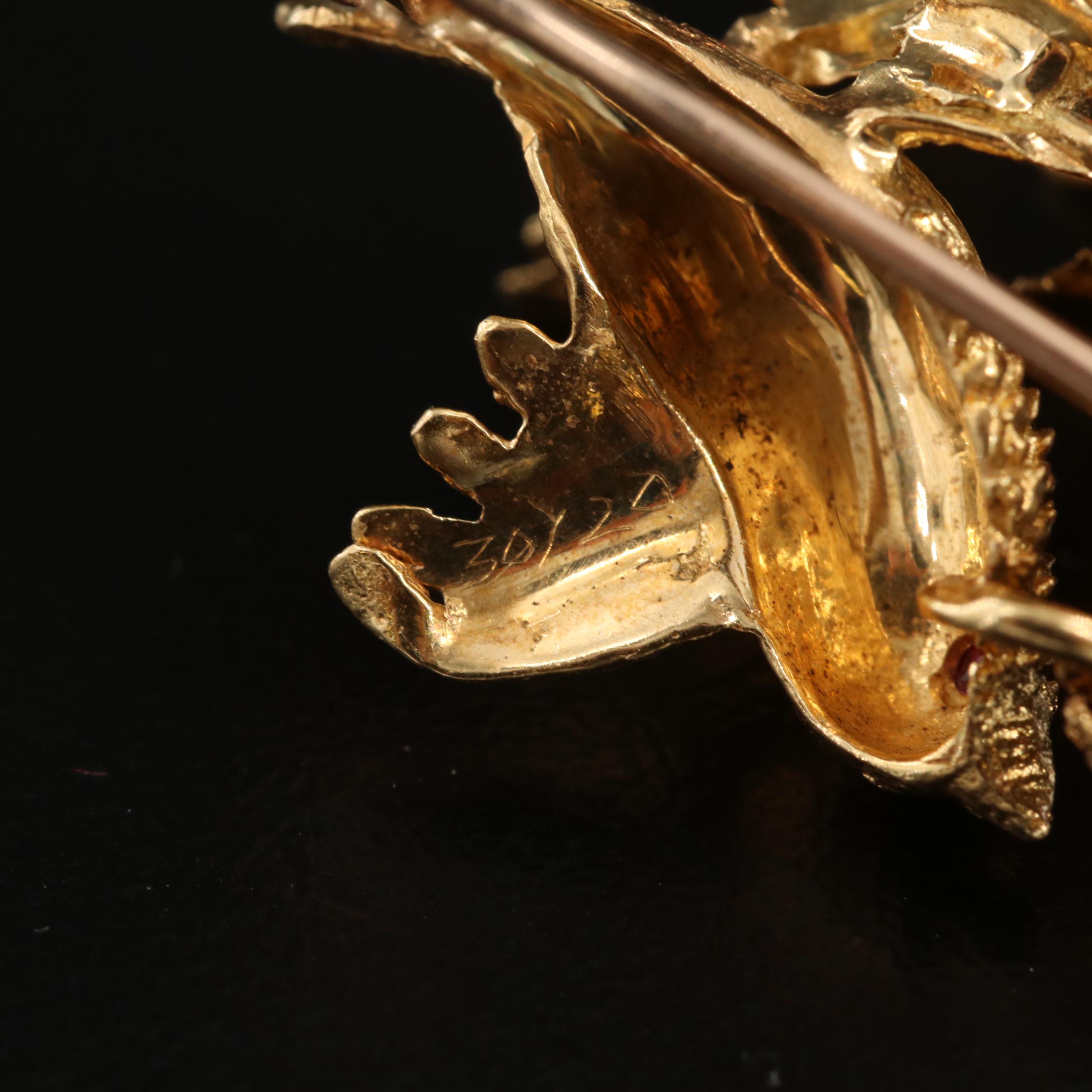 Vintage Tiffany & Co. 18K Yellow Gold and Ruby Brooch with Bird Motif