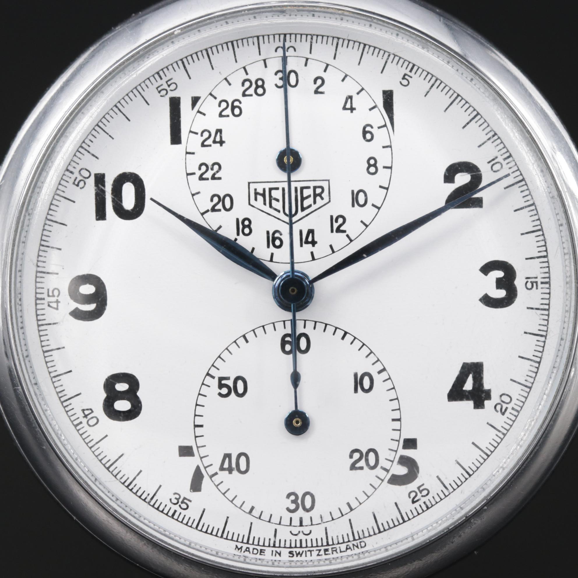 Heuer Open Face Chronograph Pocket Watch, Vintage