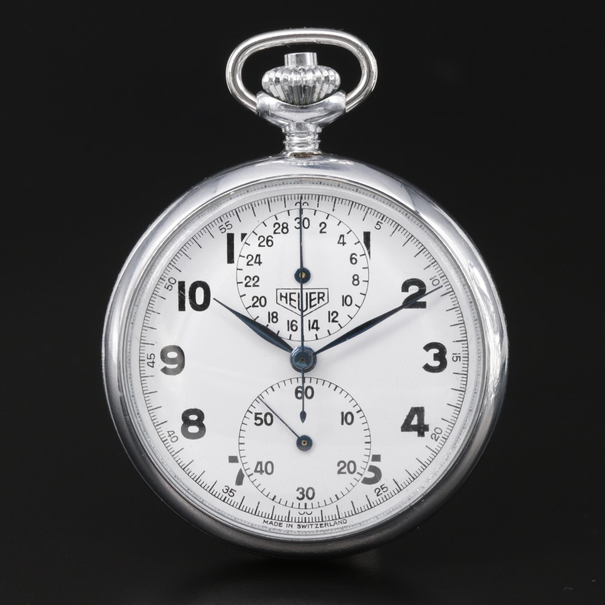 Heuer Open Face Chronograph Pocket Watch, Vintage