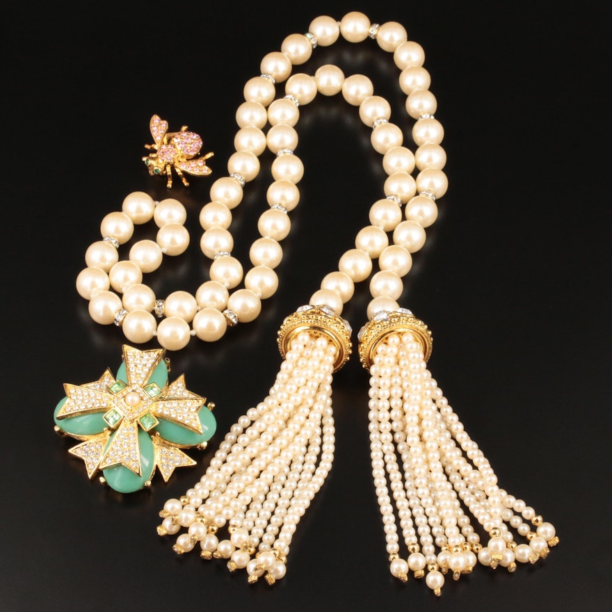 Joan Rivers Imitation Pearl Necklace and Glass Crystal Brooches