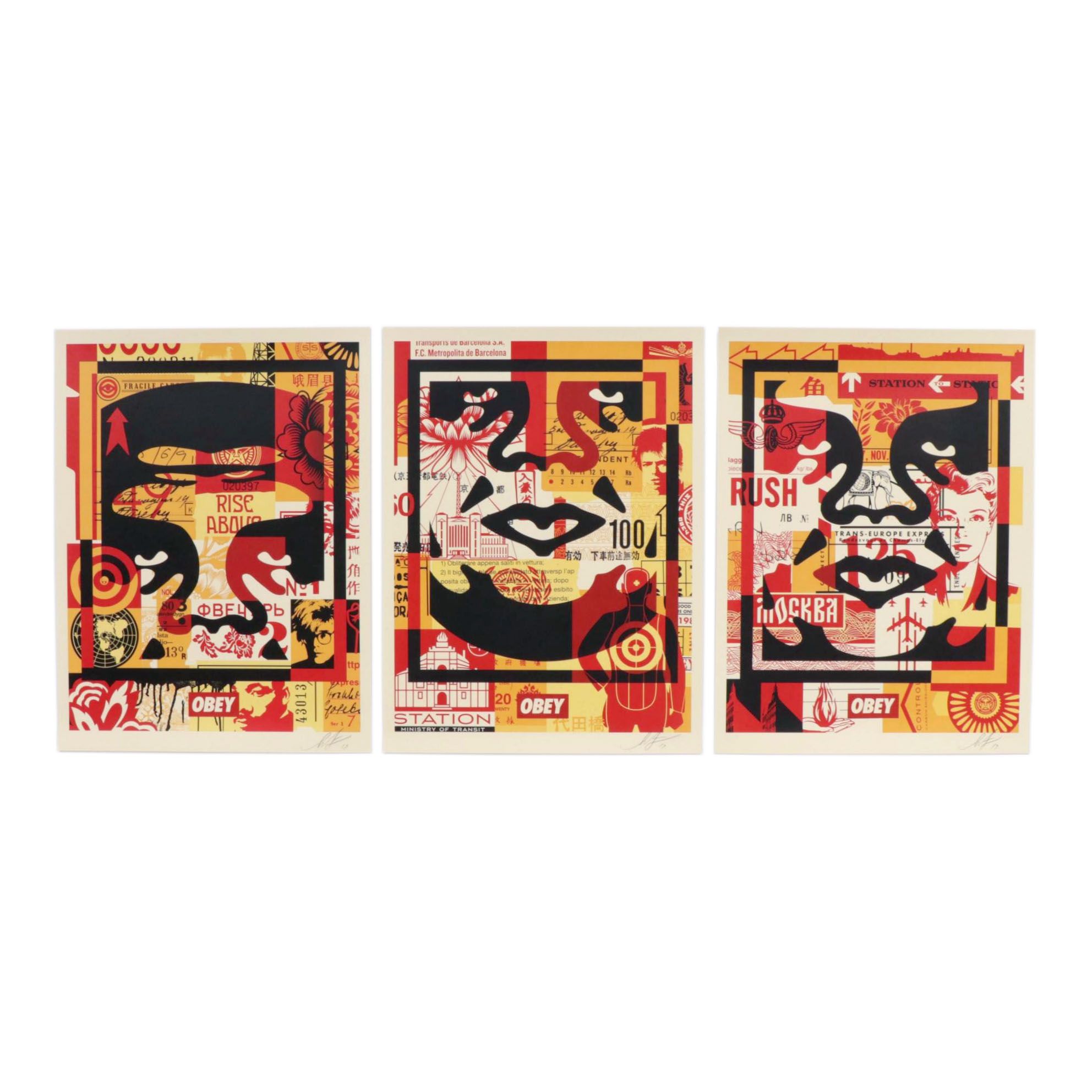 Shepard Fairey Offset Poster "OBEY 3-Face Collage" Triptych, 2019