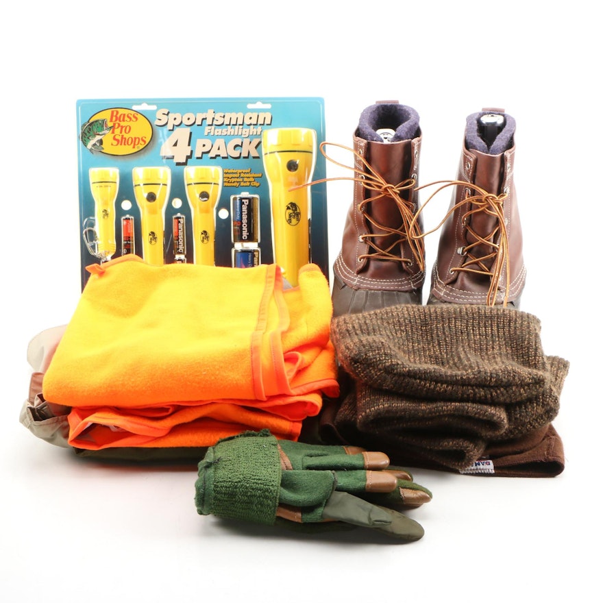 Outdoor Gear Including L.L. Bean Hunting Boots, Bass Pro Flashlights, Vests more