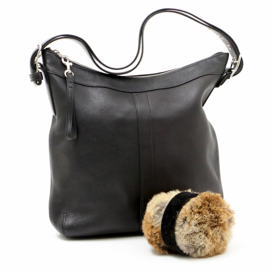 Coach Slim Duffle Gallery Black Leather Shoulder Bag and Rabbit Fur Earmuffs