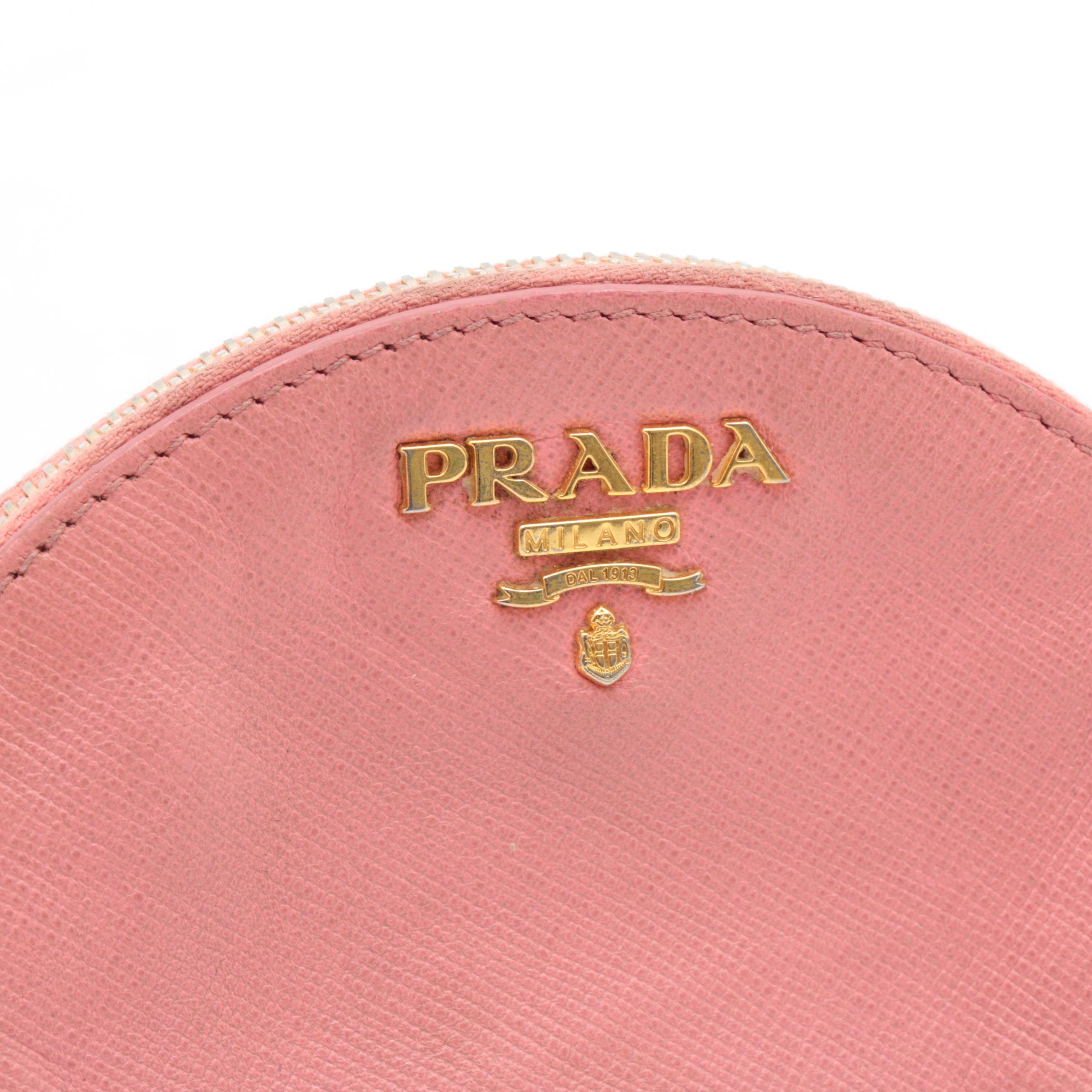 Prada Pink Saffiano Leather and Lambskin Zip Coin Purse with Keychain