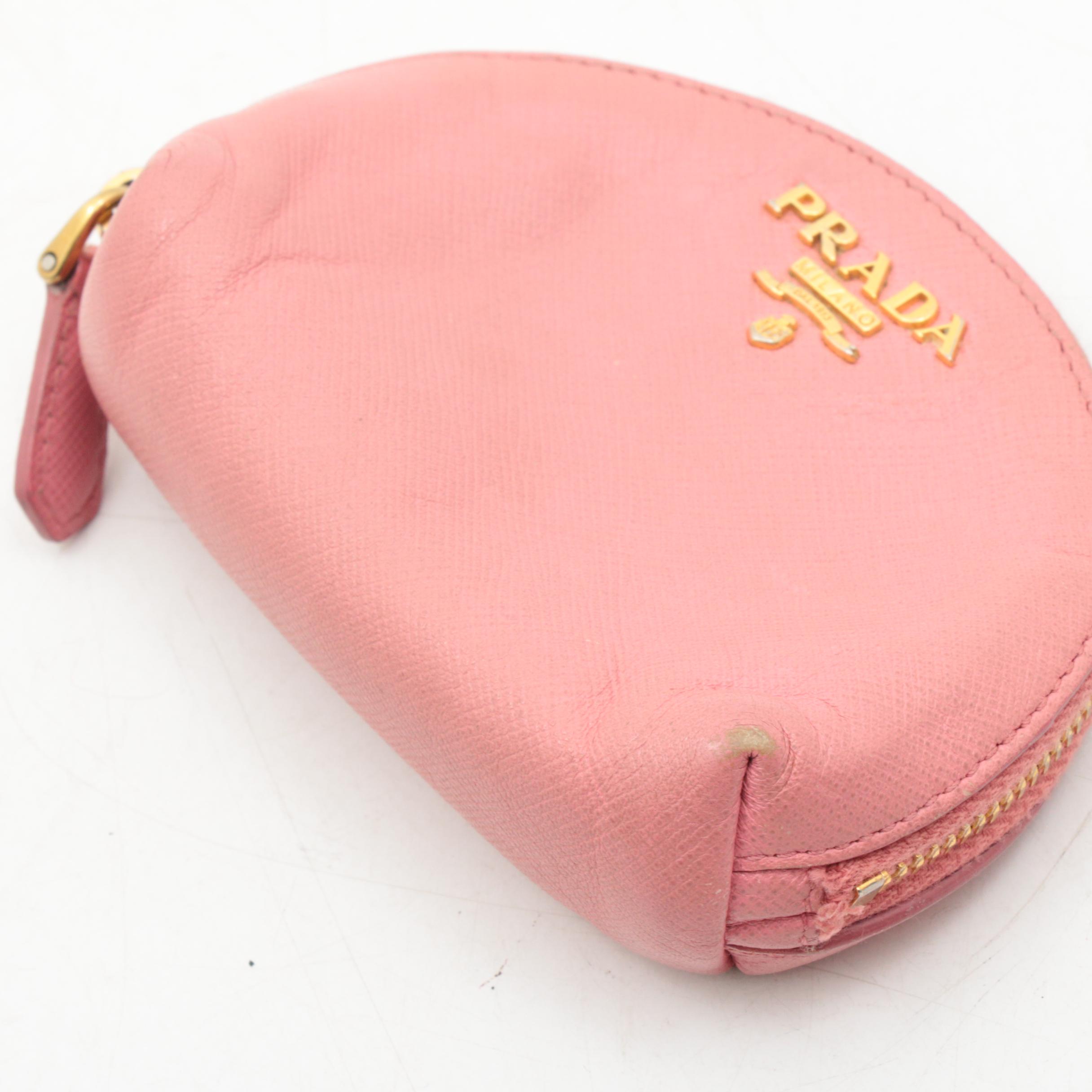 Prada Pink Saffiano Leather and Lambskin Zip Coin Purse with Keychain