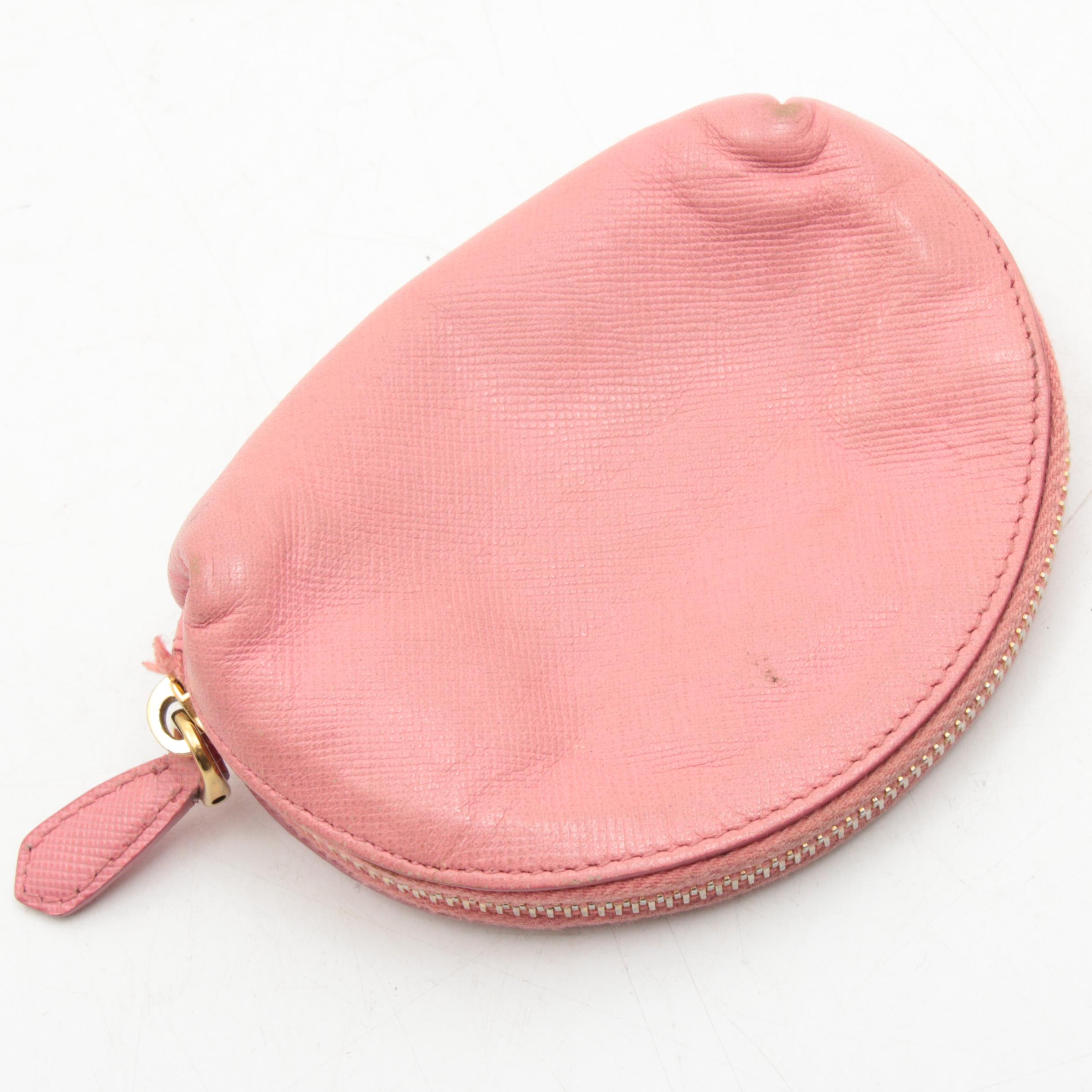 Prada Pink Saffiano Leather and Lambskin Zip Coin Purse with Keychain