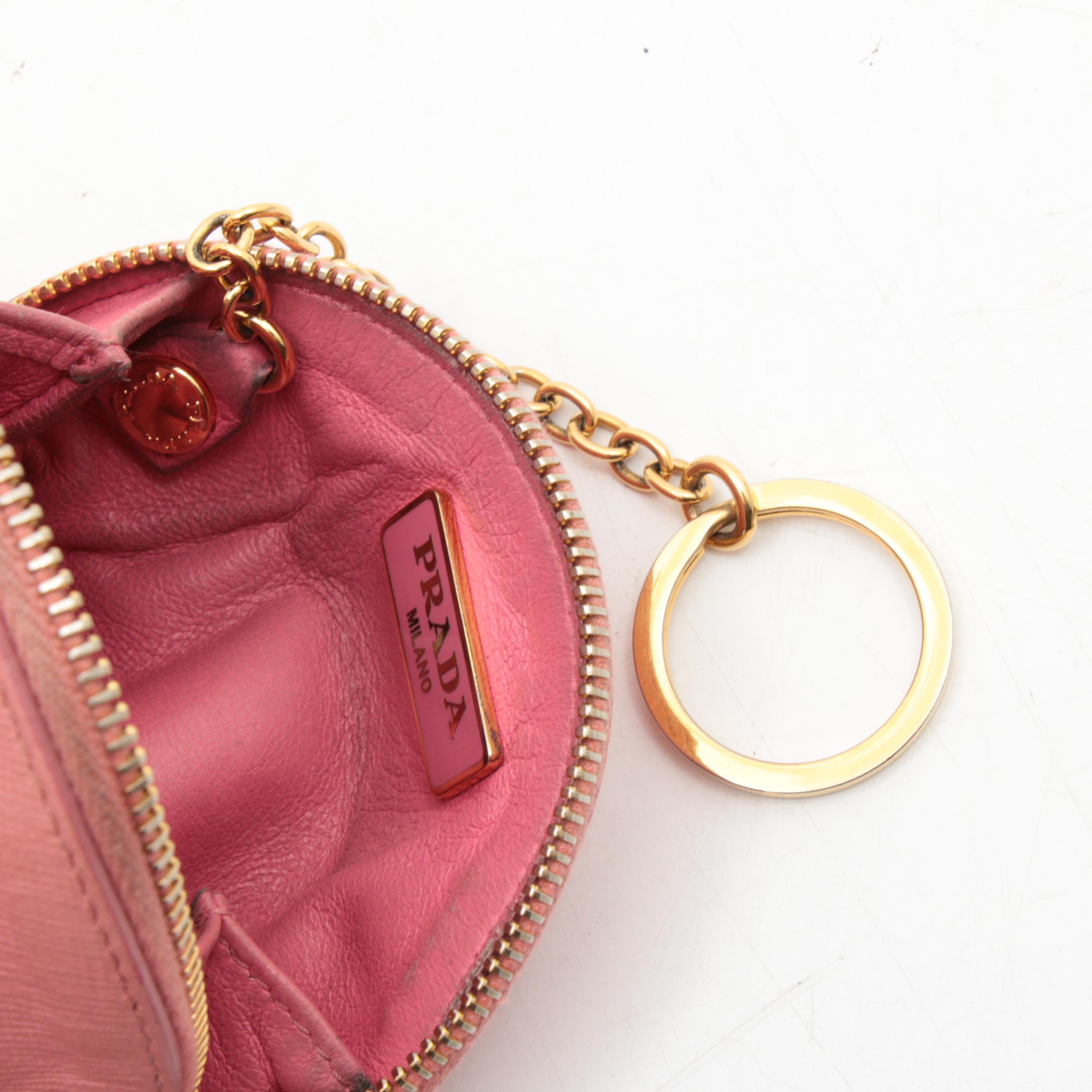 Prada Pink Saffiano Leather and Lambskin Zip Coin Purse with Keychain