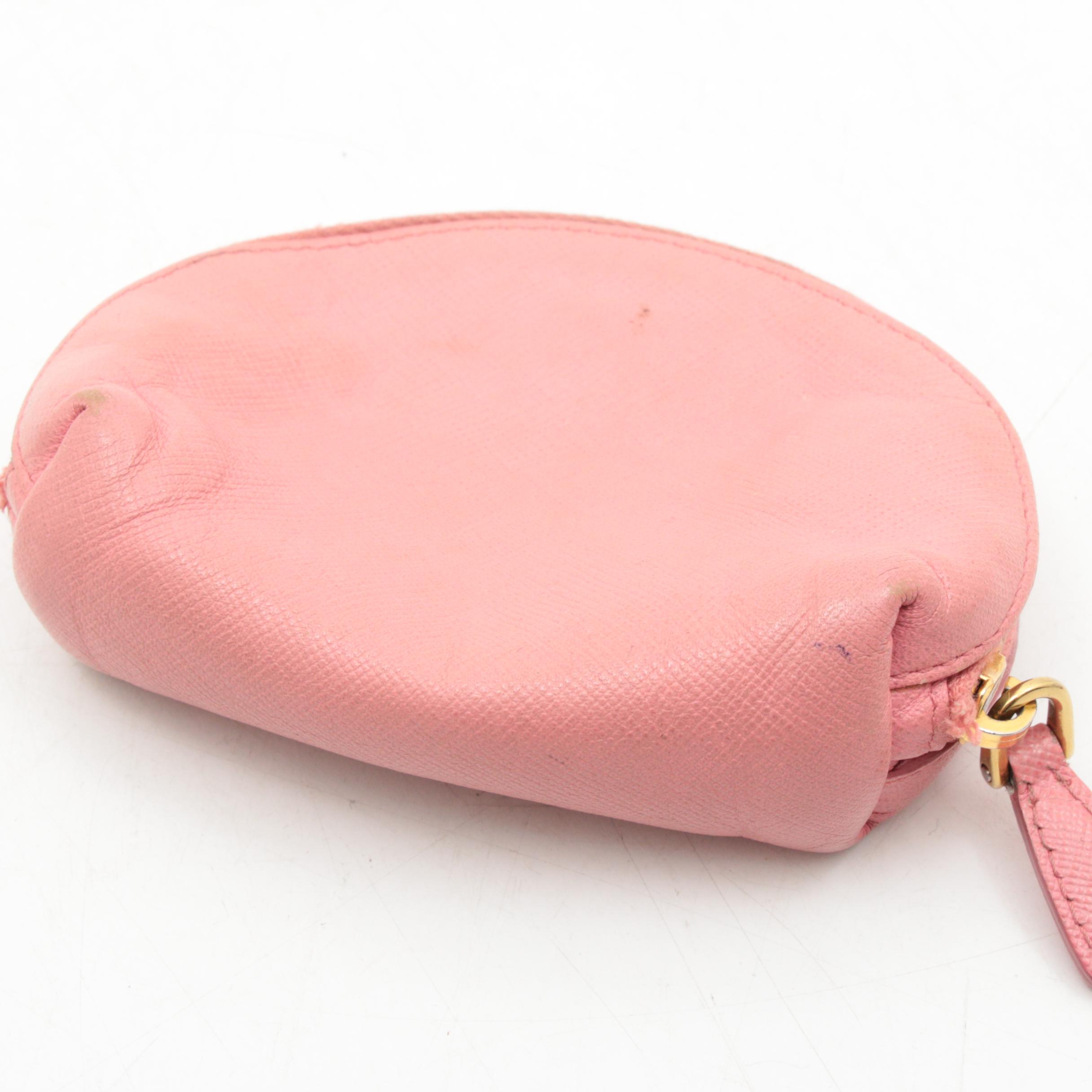 Prada Pink Saffiano Leather and Lambskin Zip Coin Purse with Keychain