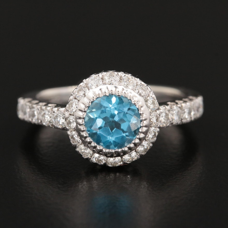 14K White Gold Blue Topaz and Diamond Ring