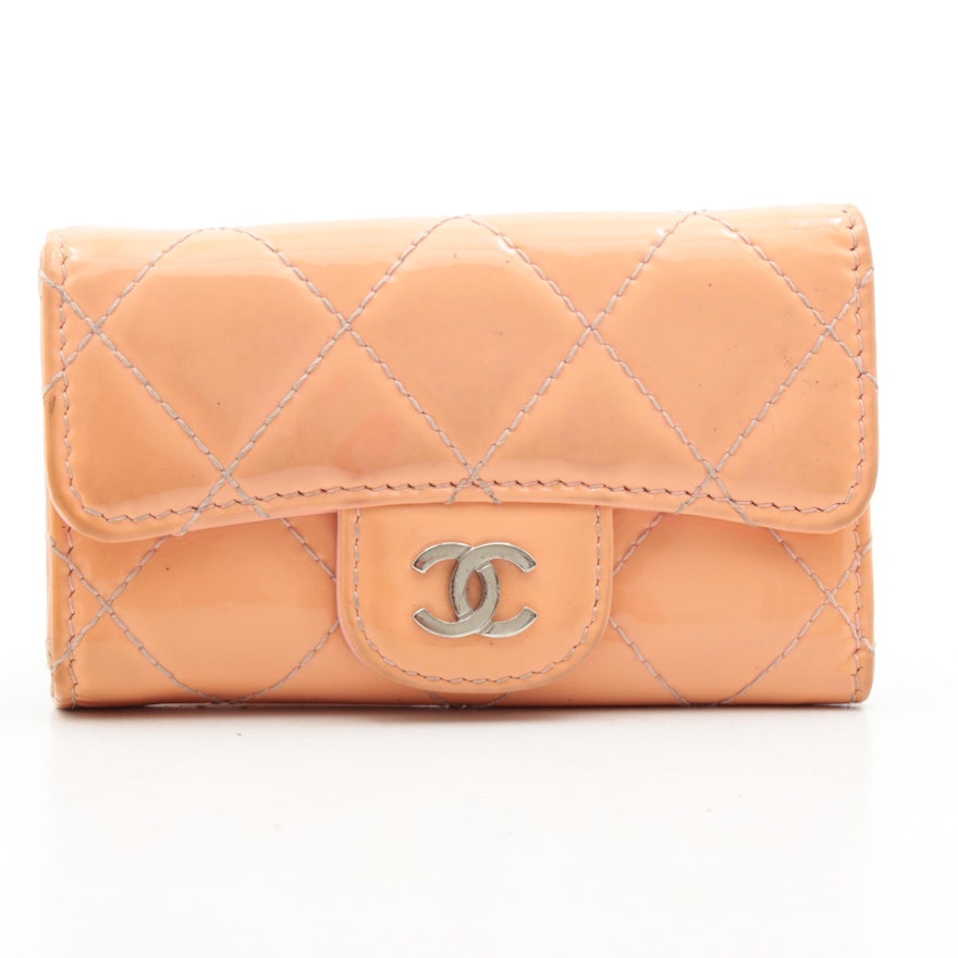 Chanel CC Peach Quilted Patent Leather Key Hook Flap Wallet