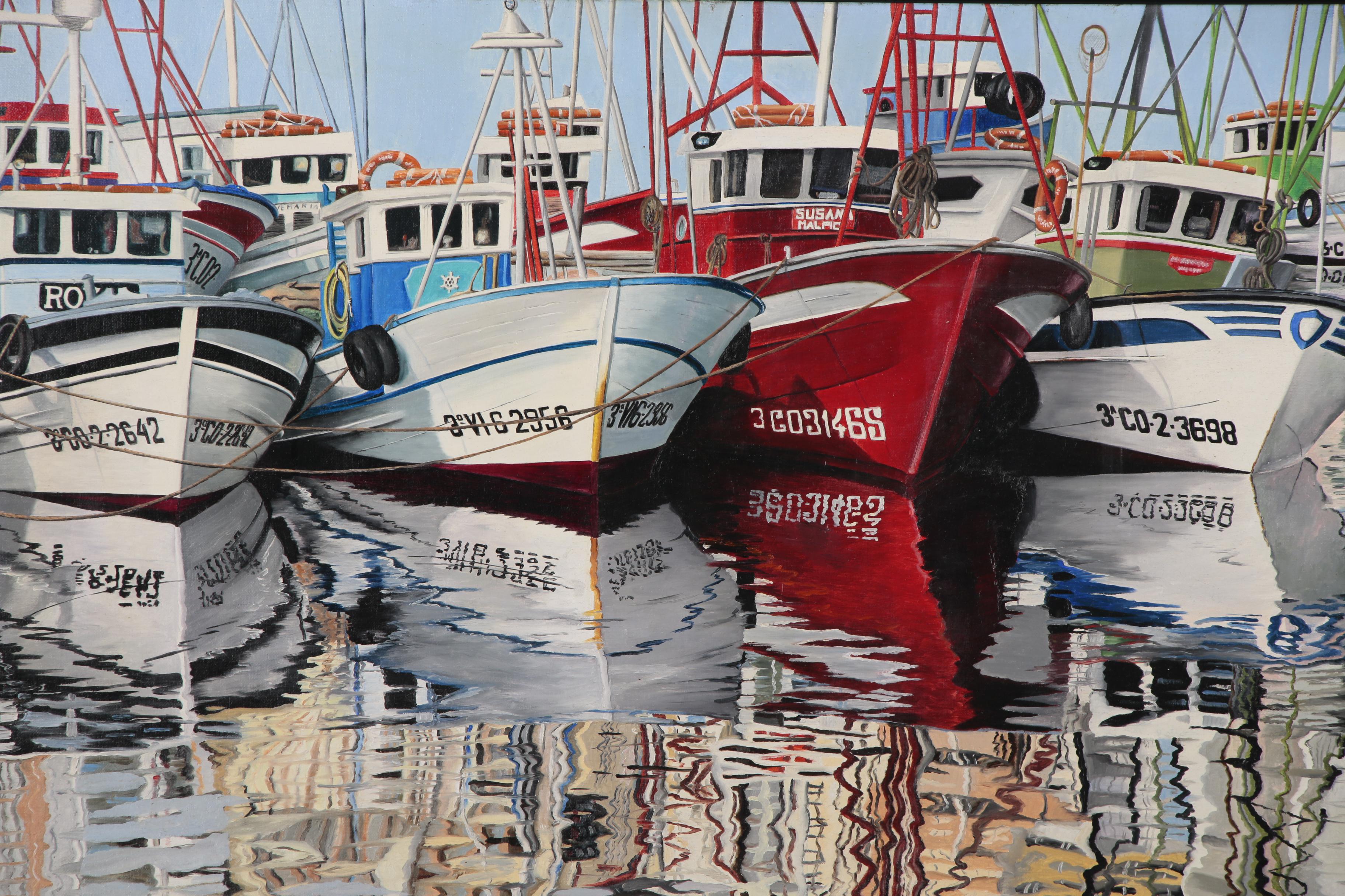 Realist Oil Painting of Fishing Boats in Harbor