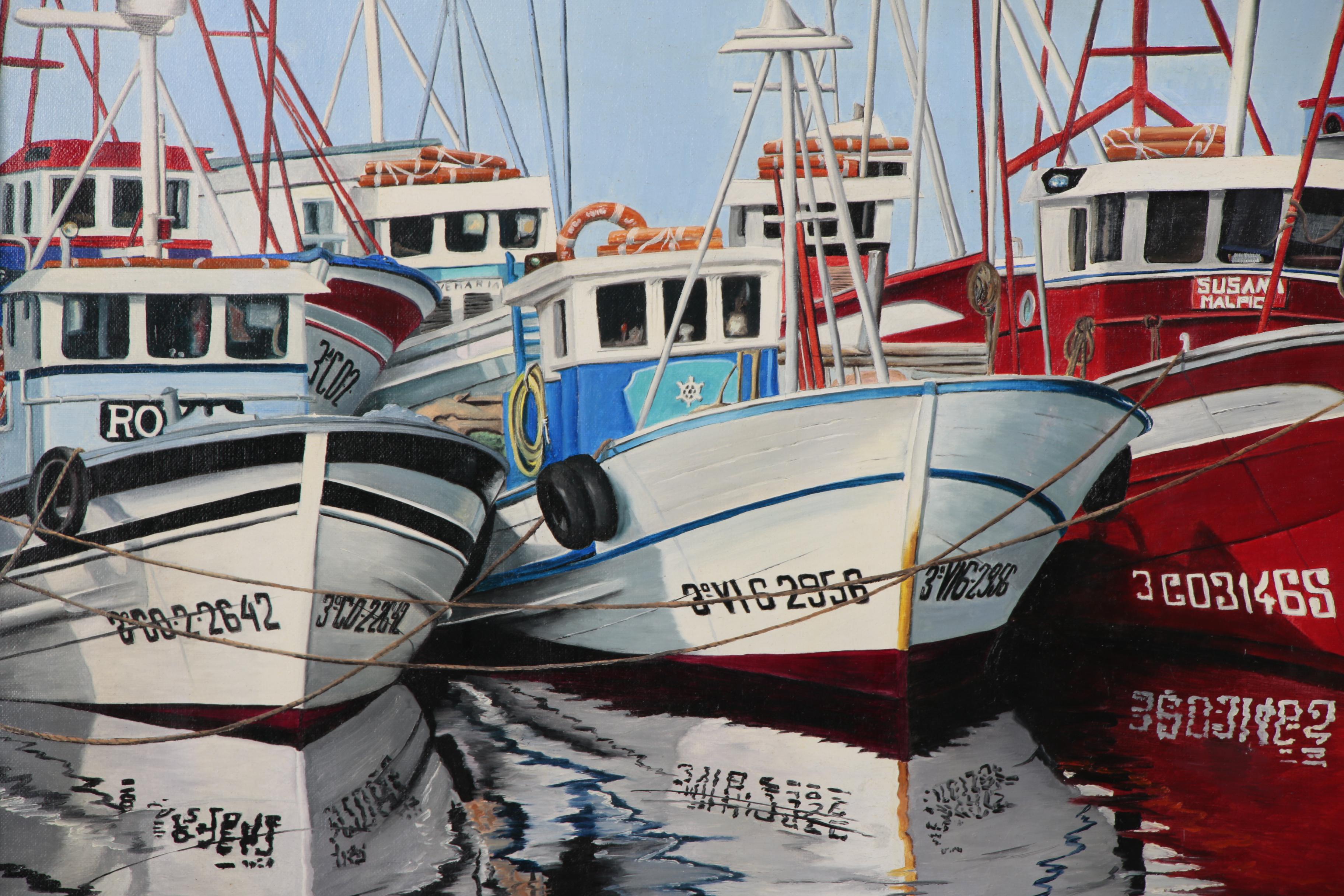 Realist Oil Painting of Fishing Boats in Harbor