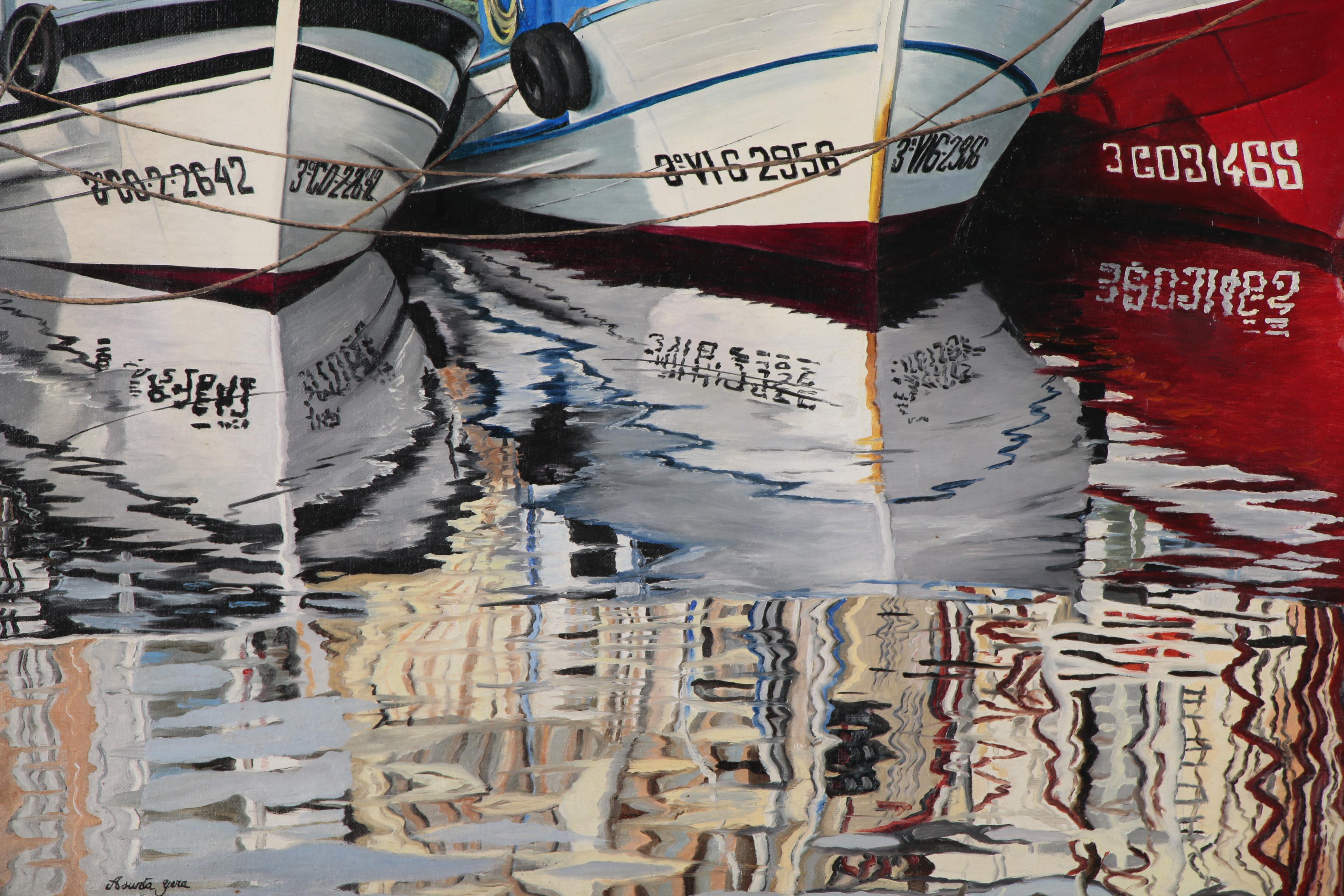 Realist Oil Painting of Fishing Boats in Harbor