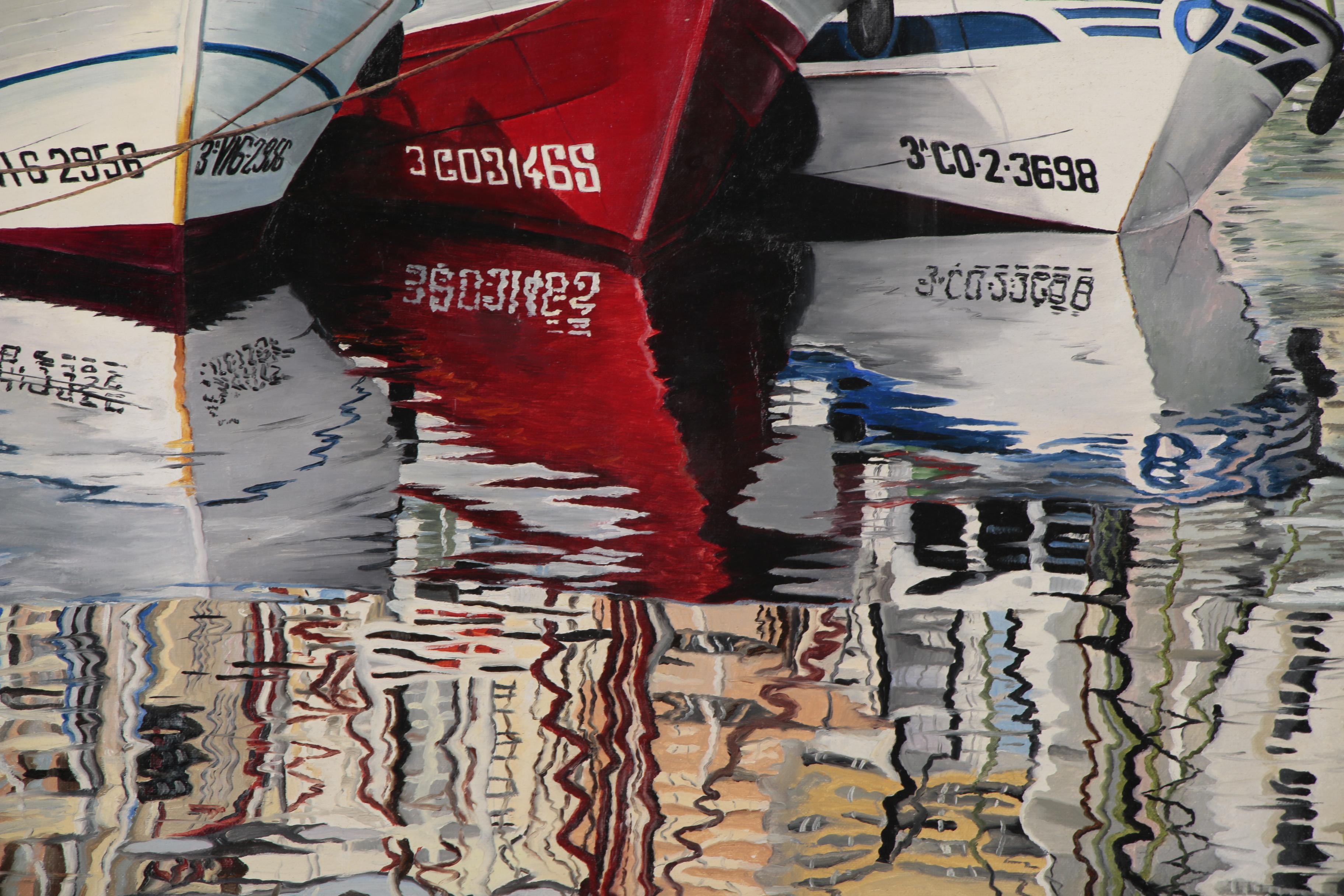 Realist Oil Painting of Fishing Boats in Harbor