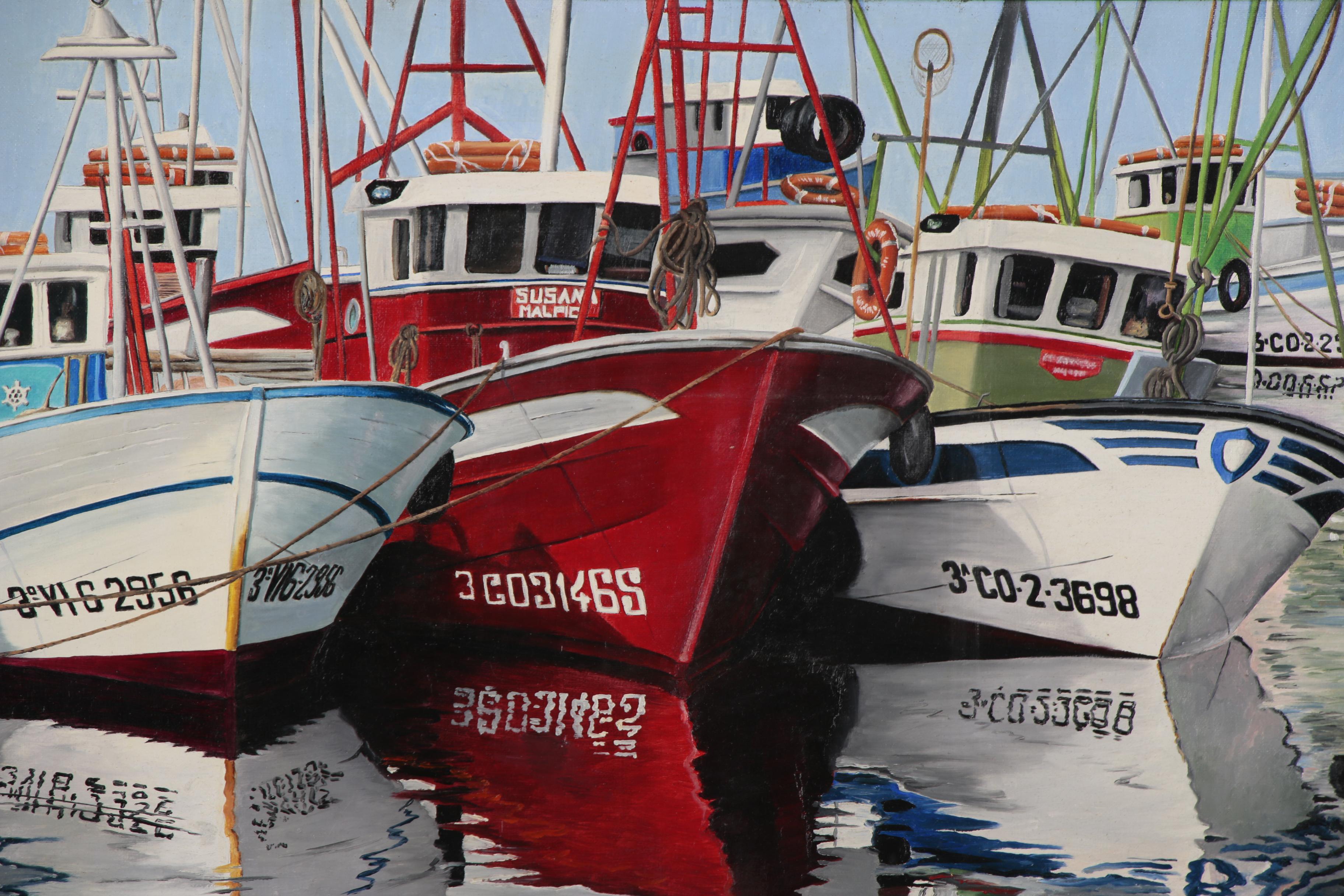 Realist Oil Painting of Fishing Boats in Harbor