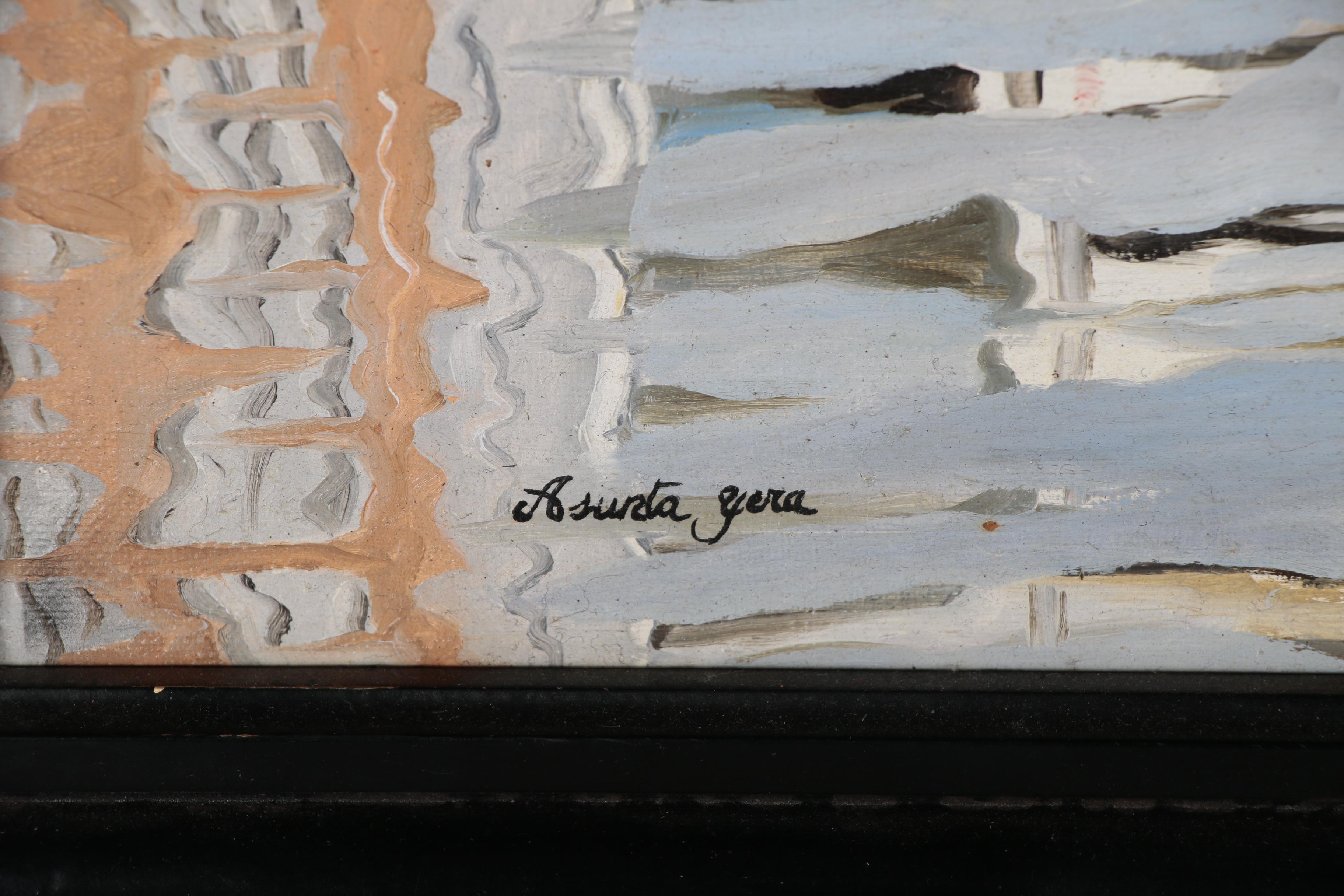 Realist Oil Painting of Fishing Boats in Harbor