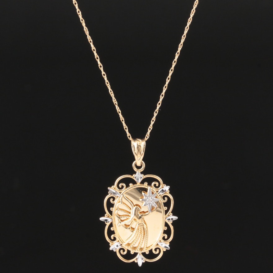 10K Yellow Gold Diamond Guardian Angel Pendant Necklace