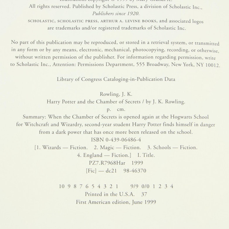 First American Edition, First State "Harry Potter and the Chamber of Secrets"