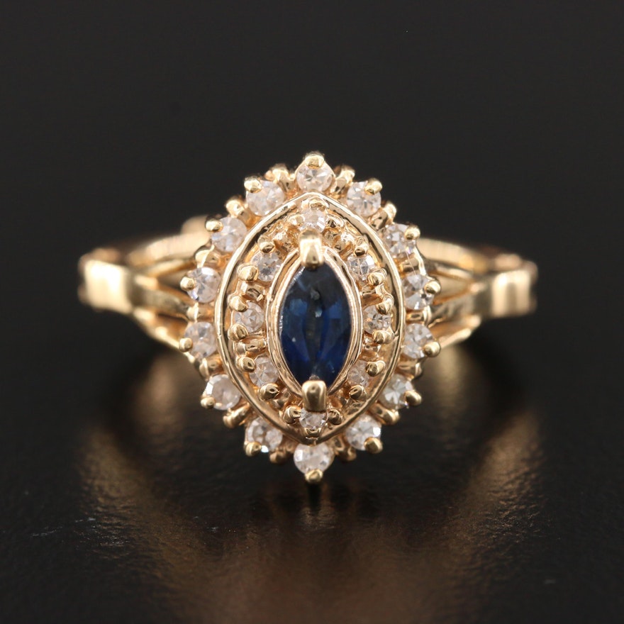 14K Yellow Gold Blue Sapphire and Diamond Ring with Arthritic Shank