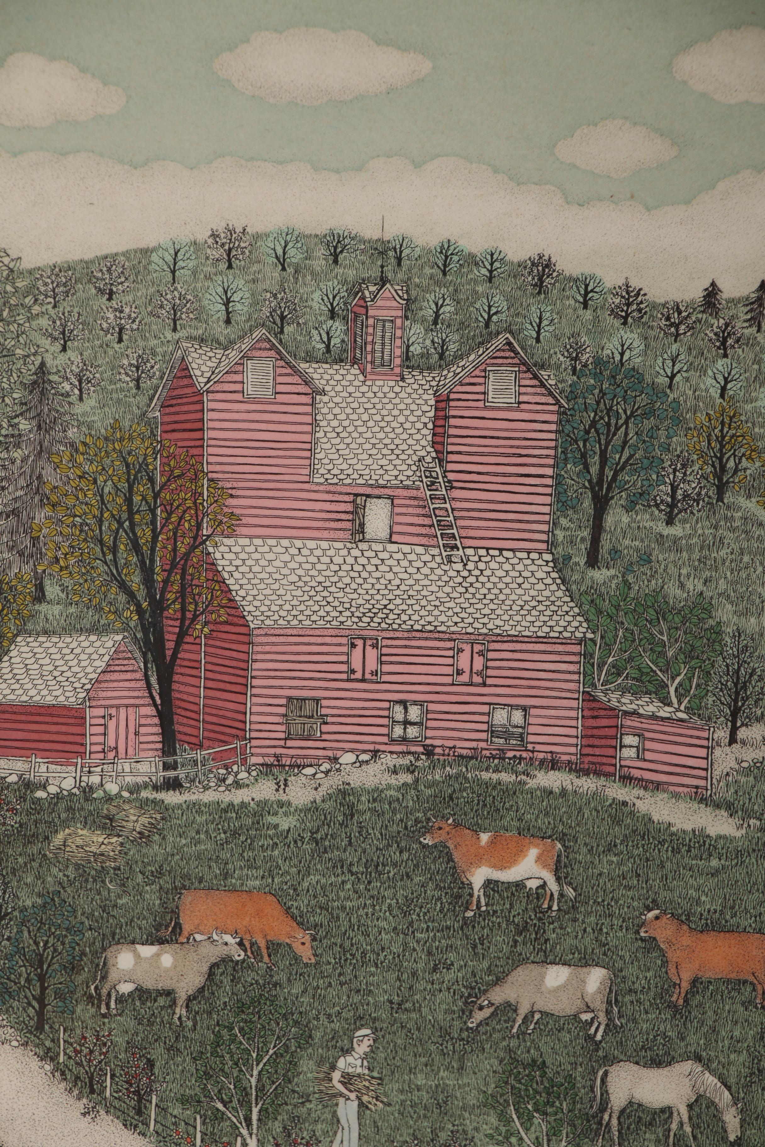 Cuca Romley Hand-colored Etching "Ulster County Farm - Spring"