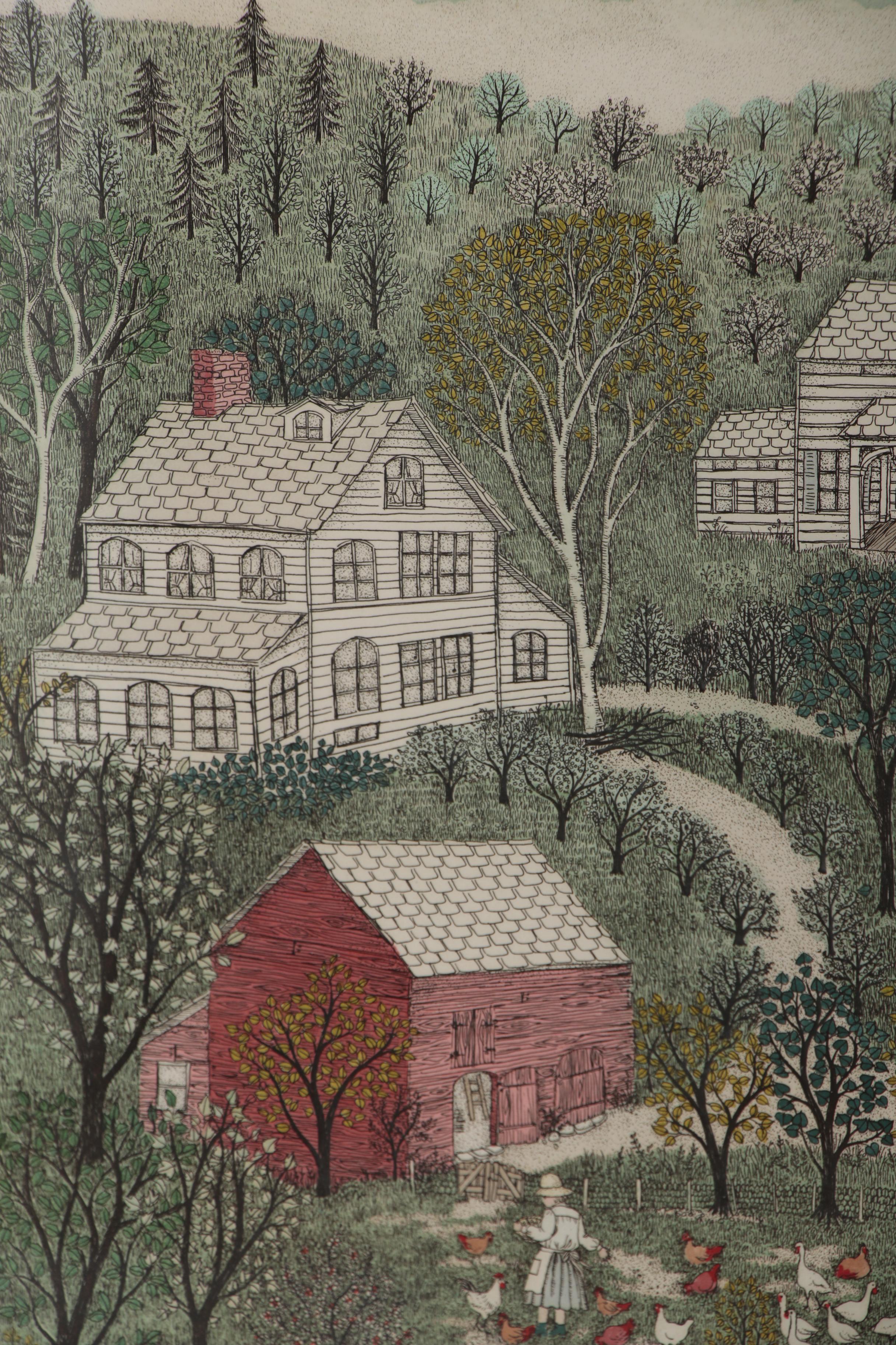 Cuca Romley Hand-colored Etching "Ulster County Farm - Spring"